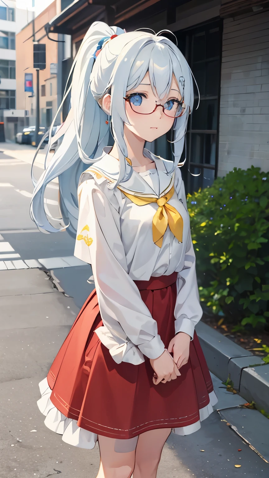1girl, (masterpiece:1.3), (high resolution), (8K), Is wearing clothes, (4k), Yamanaka Ino, perfect face, nice eyes and face, (best quality), (super detailed), detailed face and eyes, (solo), textured skin, absurdres, highres, miewz, glasses, long hair, ponytail, serafuku, sailor collar,yellow neckerchief, white shirt, cyan eyes, nude, red skirt, yellow hair, city, street, closed mouth,