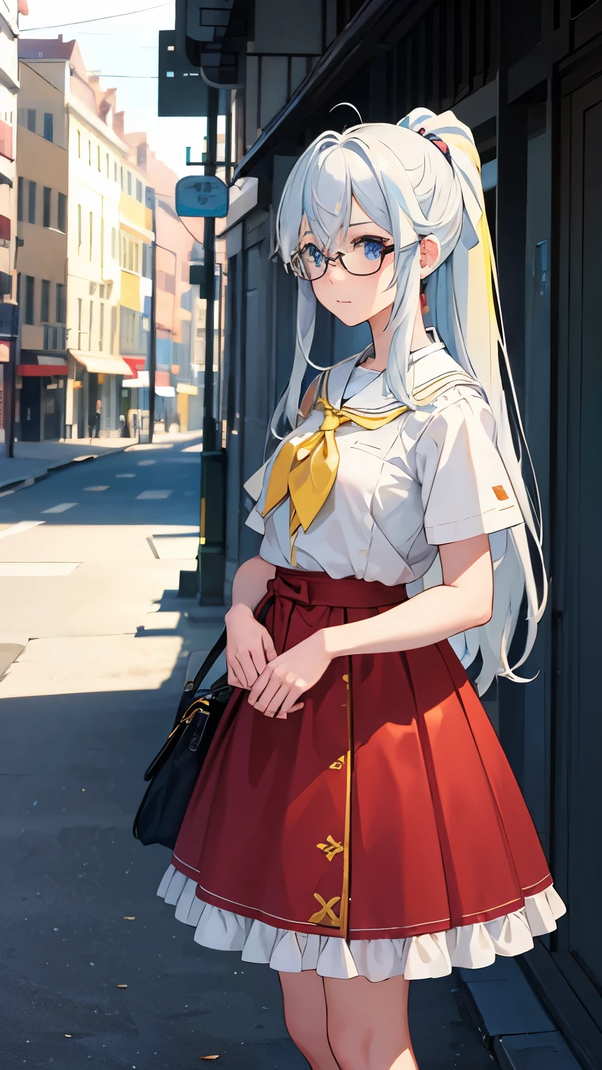 1girl, (masterpiece:1.3), (high resolution), (8K), Is wearing clothes, (4k), Yamanaka Ino, perfect face, nice eyes and face, (best quality), (super detailed), detailed face and eyes, (solo), textured skin, absurdres, highres, miewz, glasses, long hair, ponytail, serafuku, sailor collar,yellow neckerchief, white shirt, cyan eyes, nude, red skirt, yellow hair, city, street, closed mouth,
