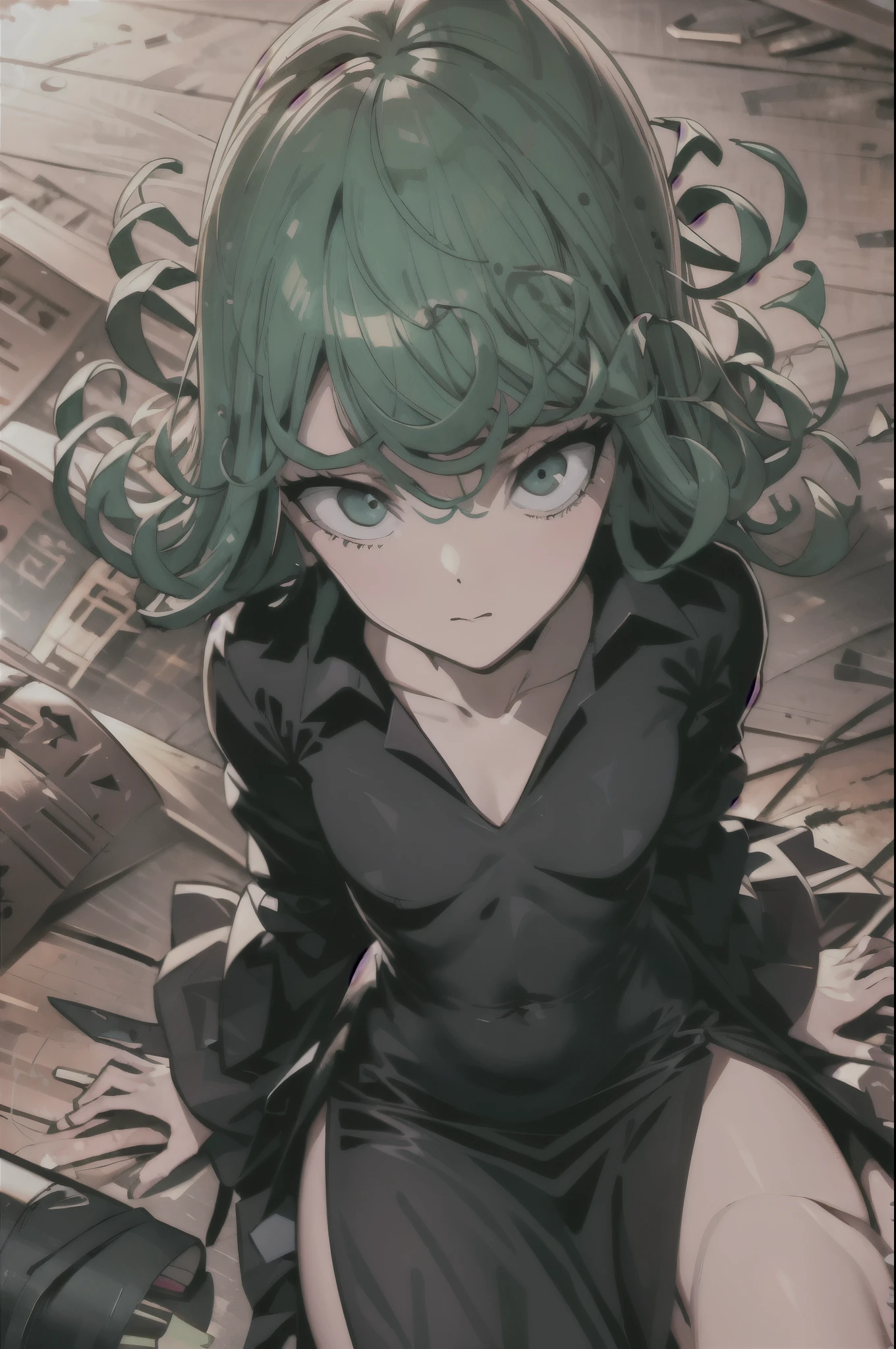 tatsumaki, Fondo simple, mano en la cadera, small breasts, boca cerrada, 1 chica, fondo gris, mangas largas, mirando al espectador, Solo, cabello corto, pelo verde, Muslos, black vestido, ombligo cubierto, ojos verdes, vestido, Pelo RIZADO