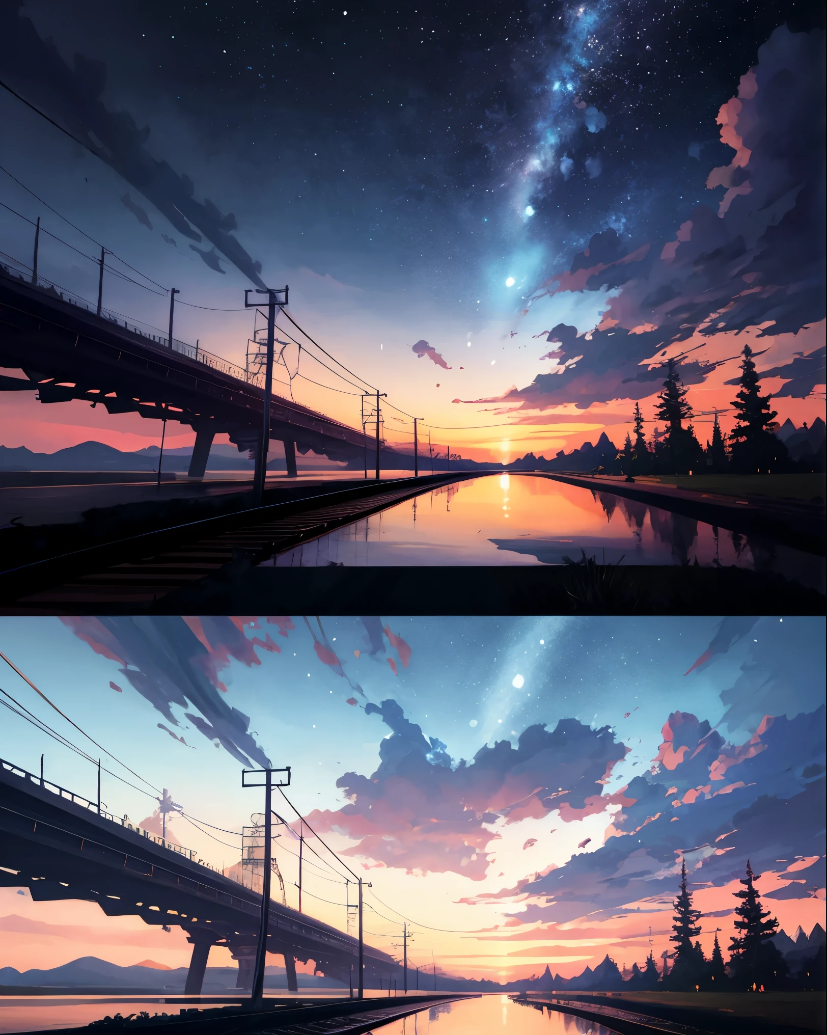 High quality masterpieces, landscapes, clouds, anime train passing water bodies on railway tracks in the distance, bright starry sky. traveler, romantic lights, pixiv, concept art, lofi art style, reflection. Makoto Shinkai, rophy art, beautiful anime scenes, anime scenery, detailed scenery — width 672, Makoto Shinkai's style, Makoto Shinkai's style, enhanced details.