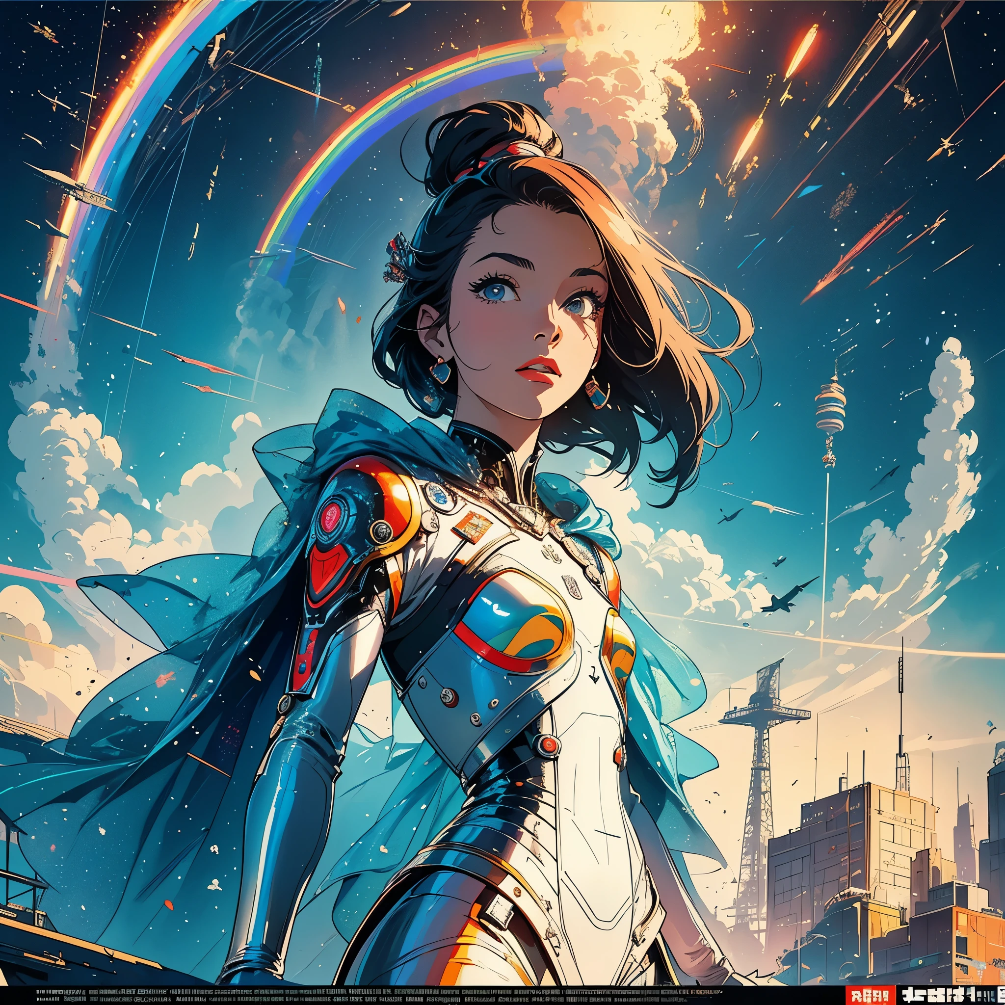 (masterpiece, highest quality), 32k,(A very detailed beautiful woman), poster,science fiction,1960s,1970's,bauhaus, shape, OK, abstract, propaganda,movie poster, vintage,retro,Futuristic,anime,(ultimate map),(Perfect rainbow),highlight,angle from below,grit your teeth,