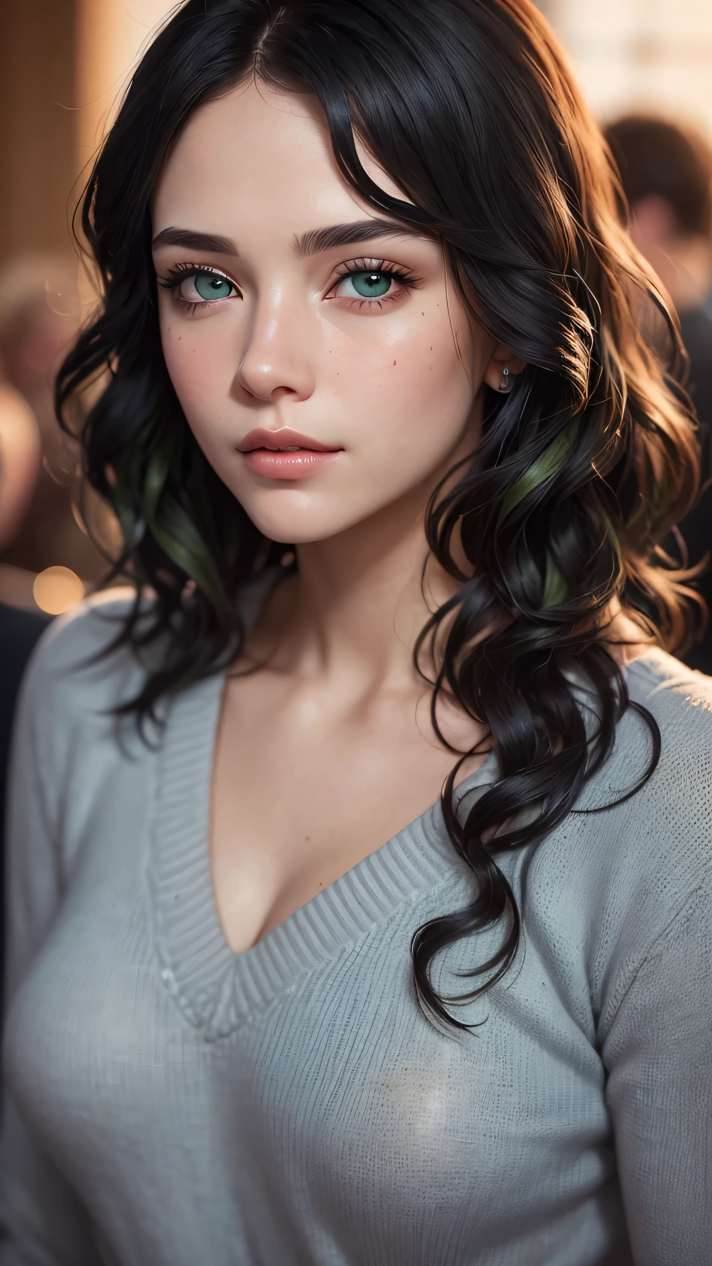 ((best quality: 1.5)) ((masterpiece: 0.8)), intricate details, sharp focus, professional, real life, realistic representation of the face, shadows, golden hour, dynamic pose, in the style of realistic and hyper detailed renderings BREAK (detailed 30 year old woman, (((portrait, cleft chin down), natural lips, green black wavy hair, blushing)) ice blue eyes, soft gray sweater, ((shy, crying, crowd cafe)))), photorealistic, hyper-realistic, 8K, skin blemish: 0.8