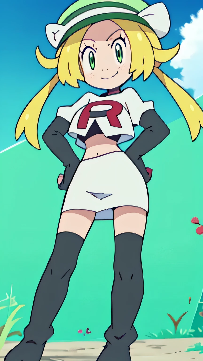 1girl in, (Solo:1.2), (Perfect body:1.1), (Best Quality:1.1), Cute Girl, Tsundere:1.1, (student clothes:1.4), (tiered layers skirt:1.2), very large breast, a blond, Long twintails, Black Ribbon Hair Fastening, Tsuriformes, sharp eye, Sanpaku eyes, (Seductive smile:1.5), Noble atmosphere, Fine-grained skin, (Choker with a heart gem:1.1), View of the valley, Navel Ejection, Raw feet, a belt on the thighhigh, Bright red eyes, Shining eyes, (NSFW:0.8), 8K, a belt on the thighhigh, Skinny Legs, School grounds with grass, full body seen, (Looking down here:1.2), (Loose socks:1.3), I don't have anything in my hands, No one around,,masterpiece, best quality, highres,masterpiece, best quality, highres,team rocket uniform, red letter r, white skirt, white crop top, black thigh-high boots, black elbow gloves, glaring angrily, looking at viewer, hands on hips, full body seen, zettai ryouiki, Bianca, green hat, glasses