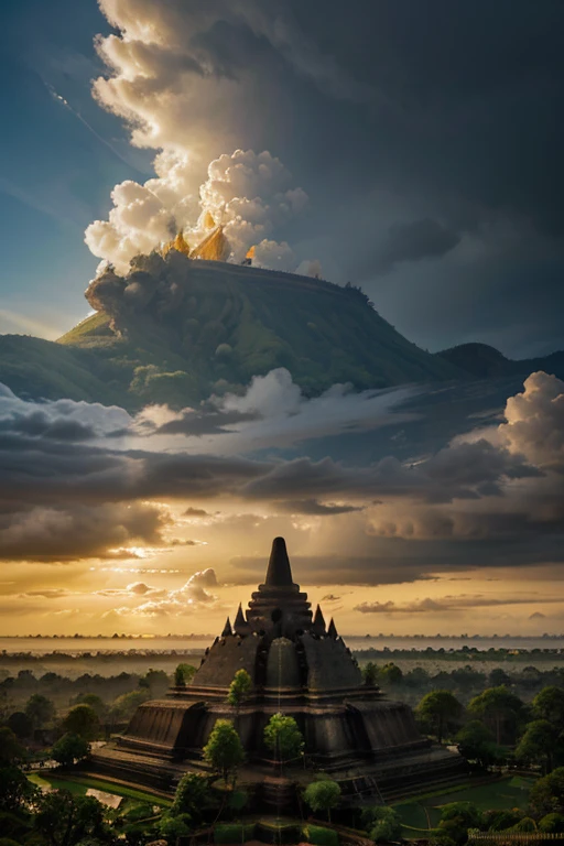 a borobudur temple, in indonesia, shining with golden sun light, covered with cloud and thunder, 8k high res, cinematic, bautiful scene, with a president standing in front of 
