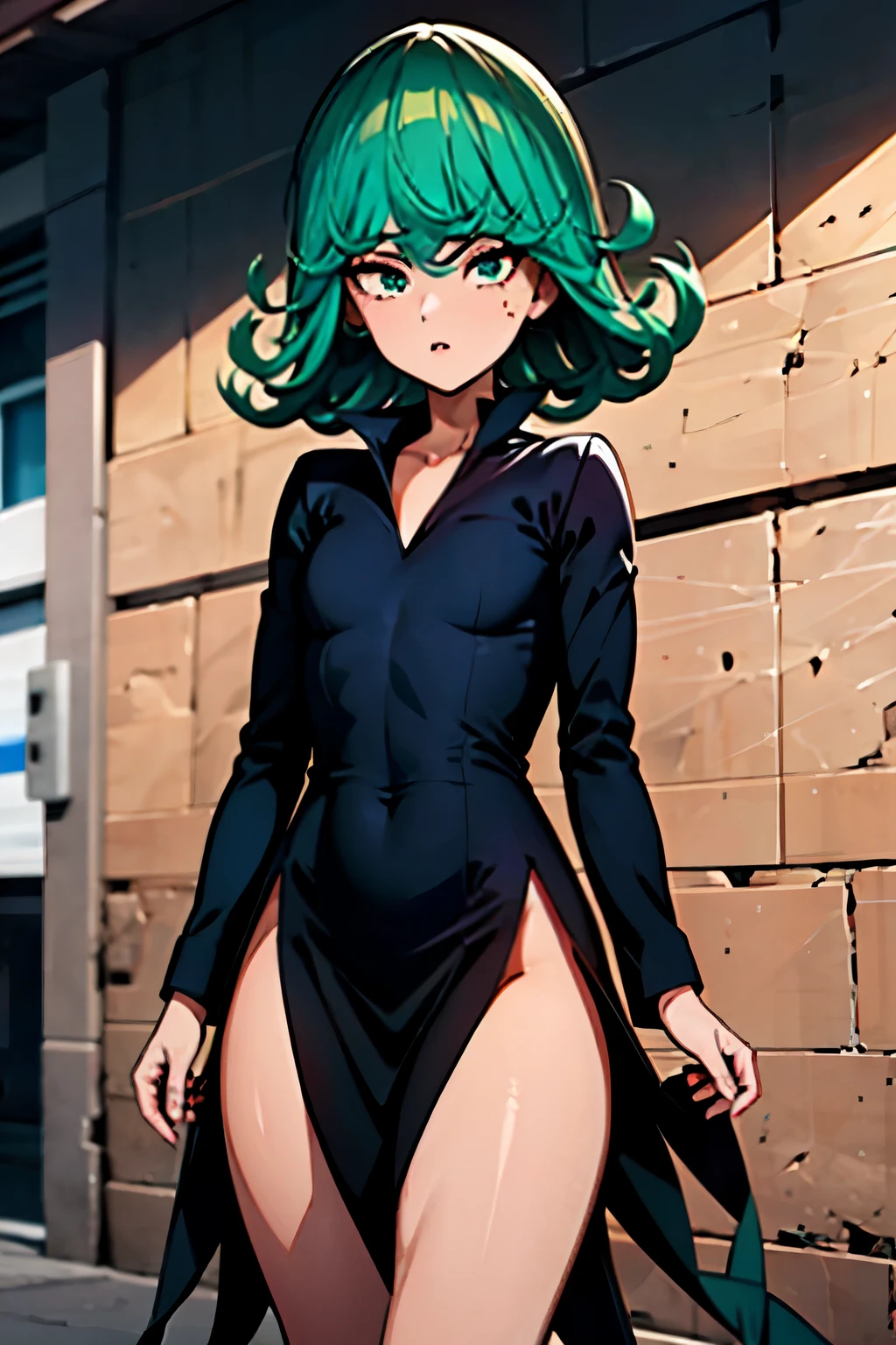 TatsumakiCkr, (mejor calidad, 8k, 12), 1 chica, tatsumaki, Pelo Corto, pelo verde, little chest, , el cuerpo perfecto, cara ultra detallada, labios detallados, Ojos delgados, vestido, se encuentra, tentador,