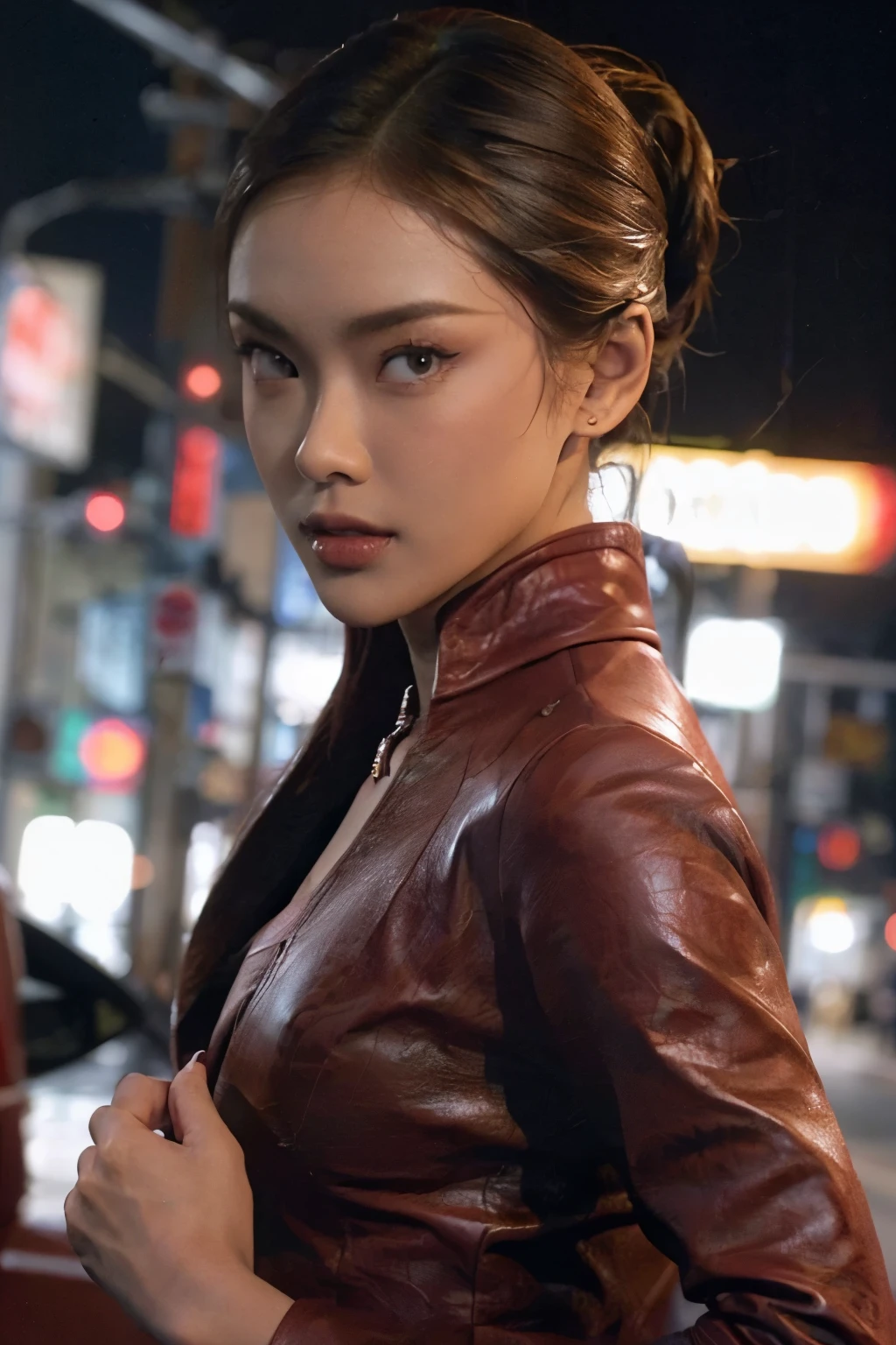 best quality, realistic, front pov, KristannaTX in a los angeles city street, (a female Indonesian supermodel), (wine red leather jacket:1.1), seductive smile, (dark hair), (updo hair:1.1), perfect eyes, sharp details, detailed face, face makeup, cheeks blush, eyeliner, eyeshadows, lip gloss, supermodel, (deep focus), (hard lighting), (night time), (realistic lighting:1.0)