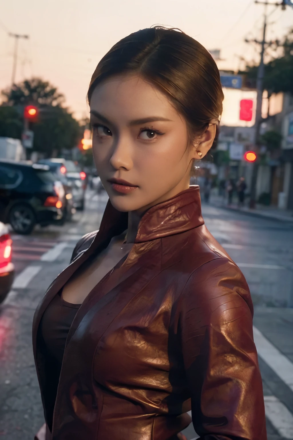 best quality, realistic, front pov, KristannaTX in a los angeles city street, (a female Indonesian supermodel), (wine red leather jacket:1.1), seductive smile, (dark hair), (updo hair:1.1), perfect eyes, sharp details, detailed face, face makeup, cheeks blush, eyeliner, eyeshadows, lip gloss, supermodel, (deep focus), (hard lighting), (night time), (realistic lighting:1.0)