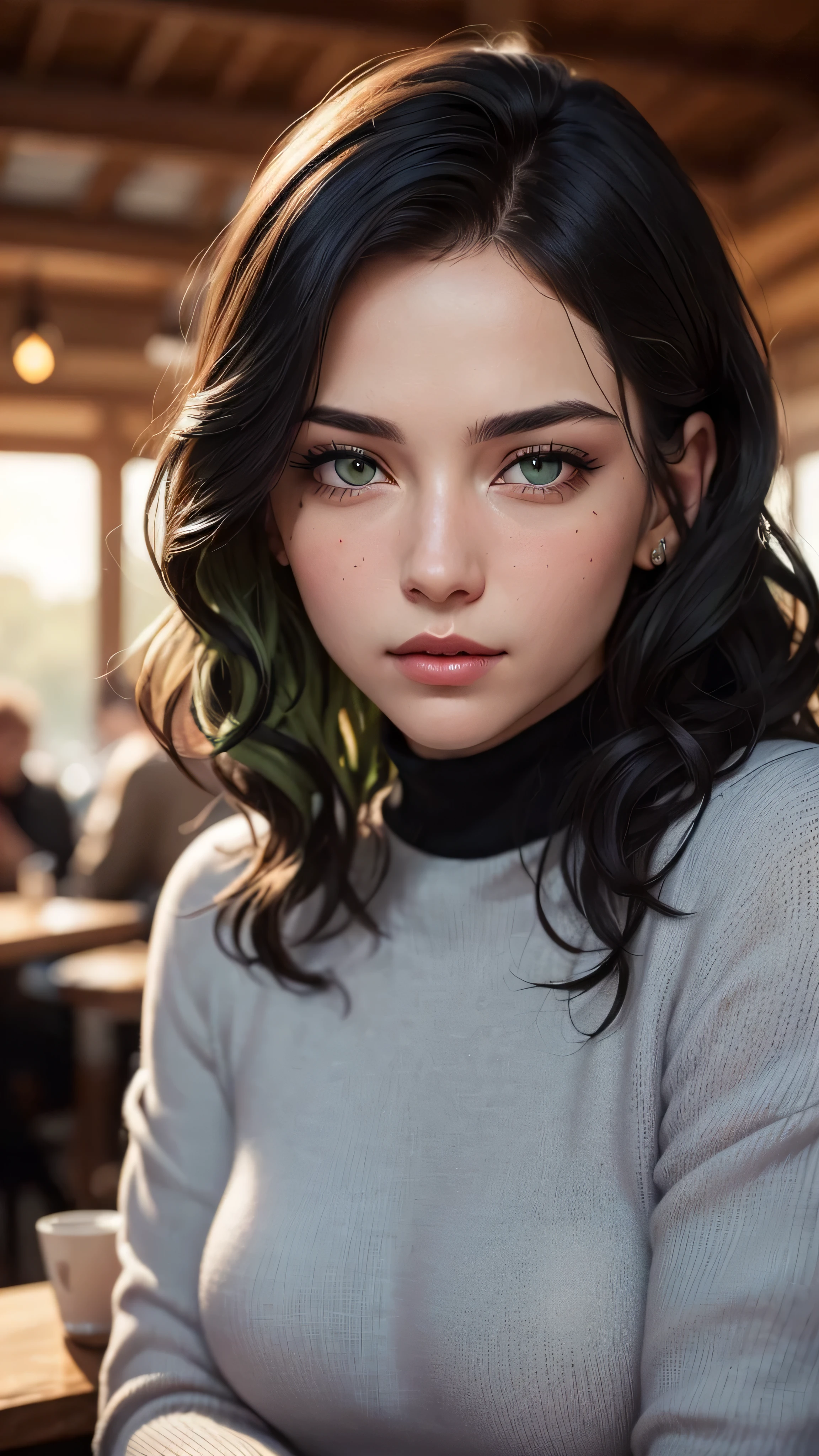 ((best quality: 1.5)) ((masterpiece: 0.8)), intricate details, sharp focus, professional, real life, realistic representation of the face, shadows, golden hour, dynamic pose, in the style of realistic and hyper detailed renderings BREAK (detailed 30 year old woman, (((portrait, cleft chin down), natural lips, green black wavy hair, blushing)) ice blue eyes, soft gray sweater, ((shy, crying, crowd cafe)))), photorealistic, hyper-realistic, 8K, skin blemish: 0.8