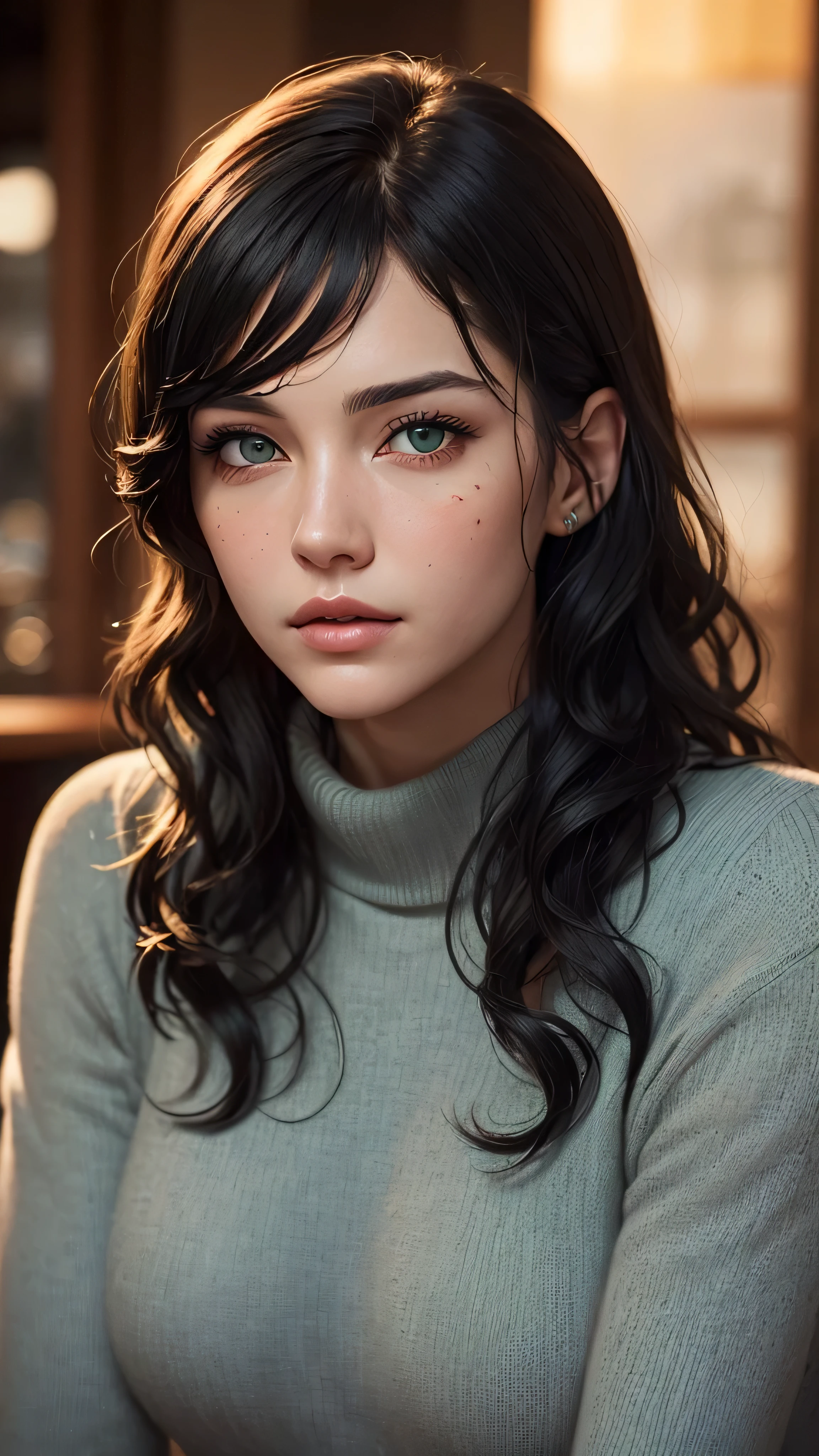 ((best quality: 1.5)) ((masterpiece: 0.8)), intricate details, sharp focus, professional, real life, realistic representation of the face, shadows, golden hour, dynamic pose, in the style of realistic and hyper detailed renderings BREAK (detailed 30 year old woman, (((portrait, cleft chin down), natural lips, green black wavy hair, blushing)) ice blue eyes, soft gray sweater, ((shy, crying, crowd cafe)))), photorealistic, hyper-realistic, 8K, skin blemish: 0.8