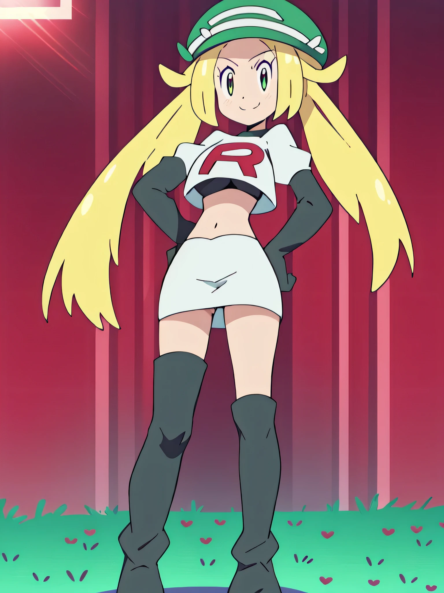 1girl in, (Solo:1.2), (Perfect body:1.1), (Best Quality:1.1), Cute Girl, Tsundere:1.1, (student clothes:1.4), (tiered layers skirt:1.2), very large breast, a blond, Long twintails, Black Ribbon Hair Fastening, Tsuriformes, sharp eye, Sanpaku eyes, (Seductive smile:1.5), Noble atmosphere, Fine-grained skin, (Choker with a heart gem:1.1), View of the valley, Navel Ejection, Raw feet, a belt on the thighhigh, Bright red eyes, Shining eyes, (NSFW:0.8), 8K, a belt on the thighhigh, Skinny Legs, School grounds with grass, full body seen, (Looking down here:1.2), (Loose socks:1.3), I don't have anything in my hands, No one around,,masterpiece, best quality, highres,masterpiece, best quality, highres,team rocket uniform, red letter r, white skirt, white crop top, black thigh-high boots, black elbow gloves, glaring angrily, looking at viewer, hands on hips, full body seen, zettai ryouiki, Bianca, green hat, glasses