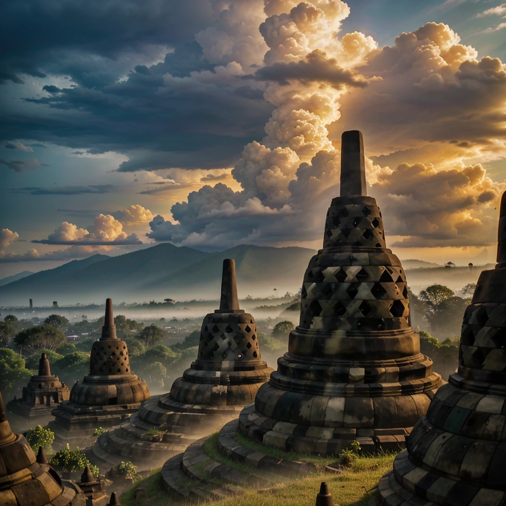 a borobudur temple, in indonesia, shining with golden sun light, covered with cloud and thunder, 8k high res, cinematic, beautiful scene,long exposure,high dynamic range,colour saturated