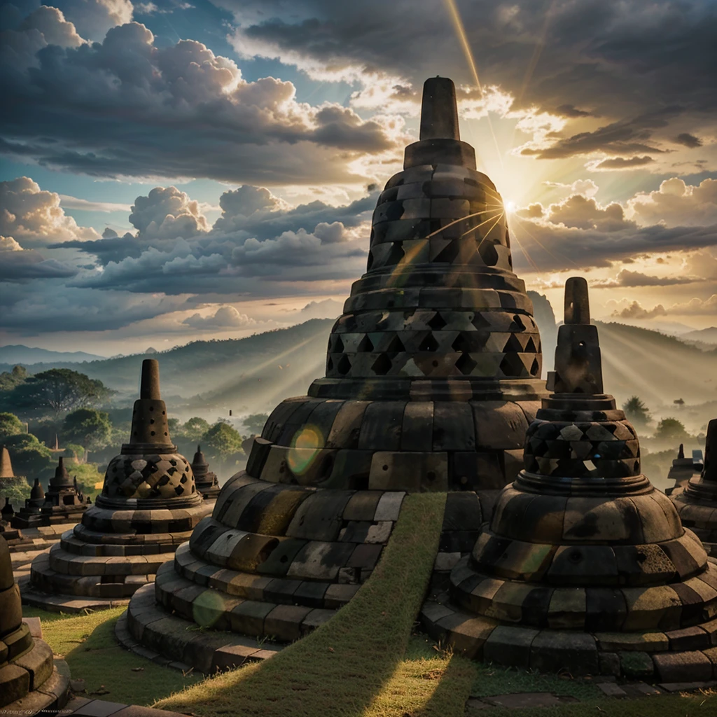 a borobudur temple, in indonesia, shining with golden sun light, covered with cloud and thunder, 8k high res, cinematic, beautiful scene,long exposure,high dynamic range,colour saturated