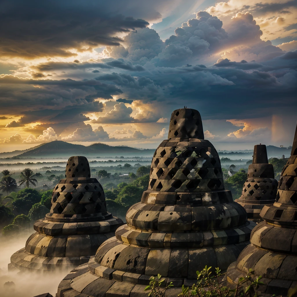 a borobudur temple, in indonesia, shining with golden sun light, covered with cloud and thunder, 8k high res, cinematic, bautiful scene, with a president standing in front of 