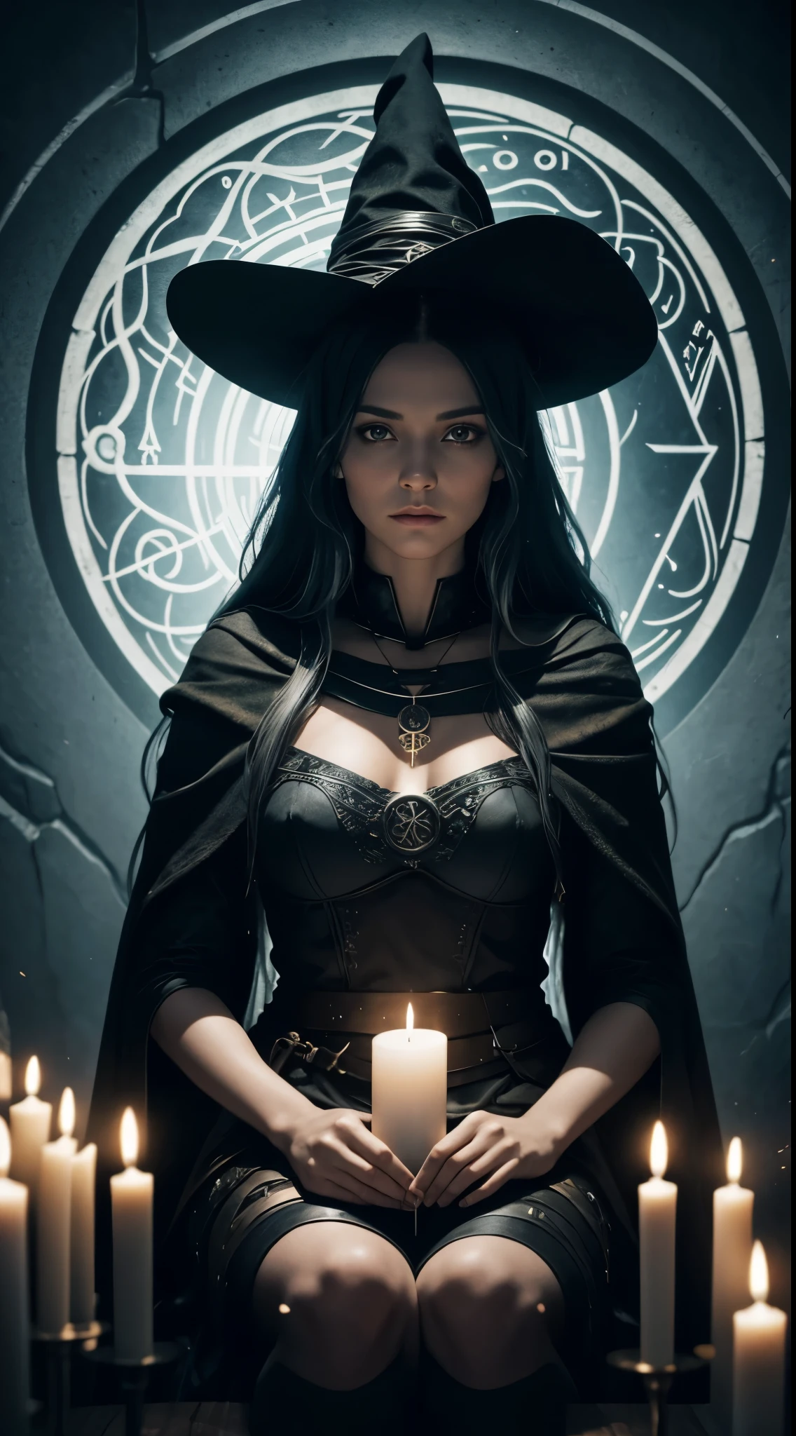 portrait,fantasy,a witch,sitting inside a circle of candles,Nordic runes all over the walls,she is in the center,facing the viewer,holding the tarot card of death,studio background resembles a glowing portal into another dimension,high contrast,fantasy portrait,witch,Nordic runes,highly detailed,tarot card,good vs evil,casting spells,enigma. special effects, UHD, octane render, masterpiece, highly detailed, best quality,cm™