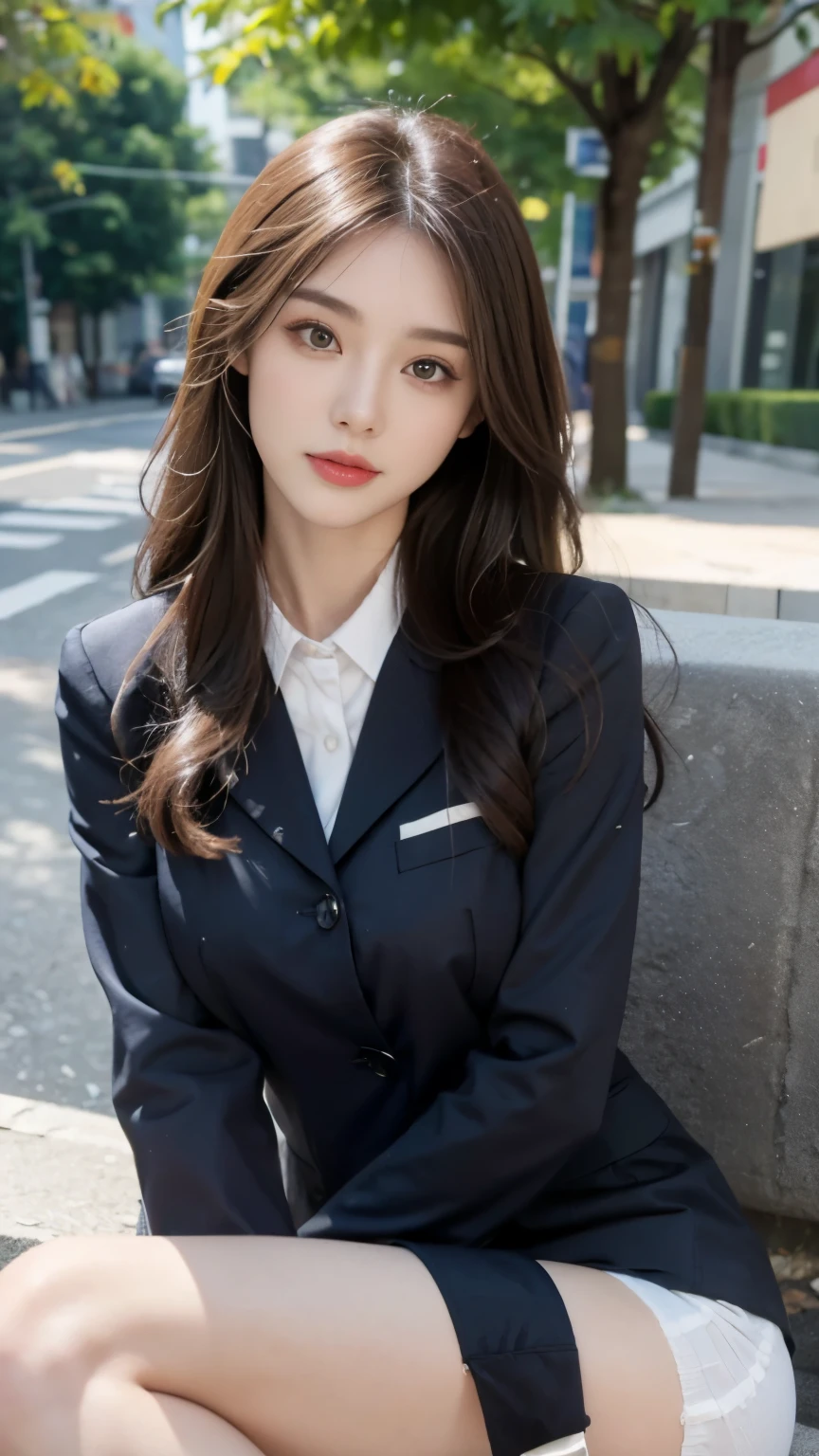 best quality, Looks like a whole body，sophisticated facial features，pair of smart eyes，cute face，25 year old female，slim body shape，big bust，OL uniform，office wear，white stockings，outdoor scene，sitting pose，yellow long hair