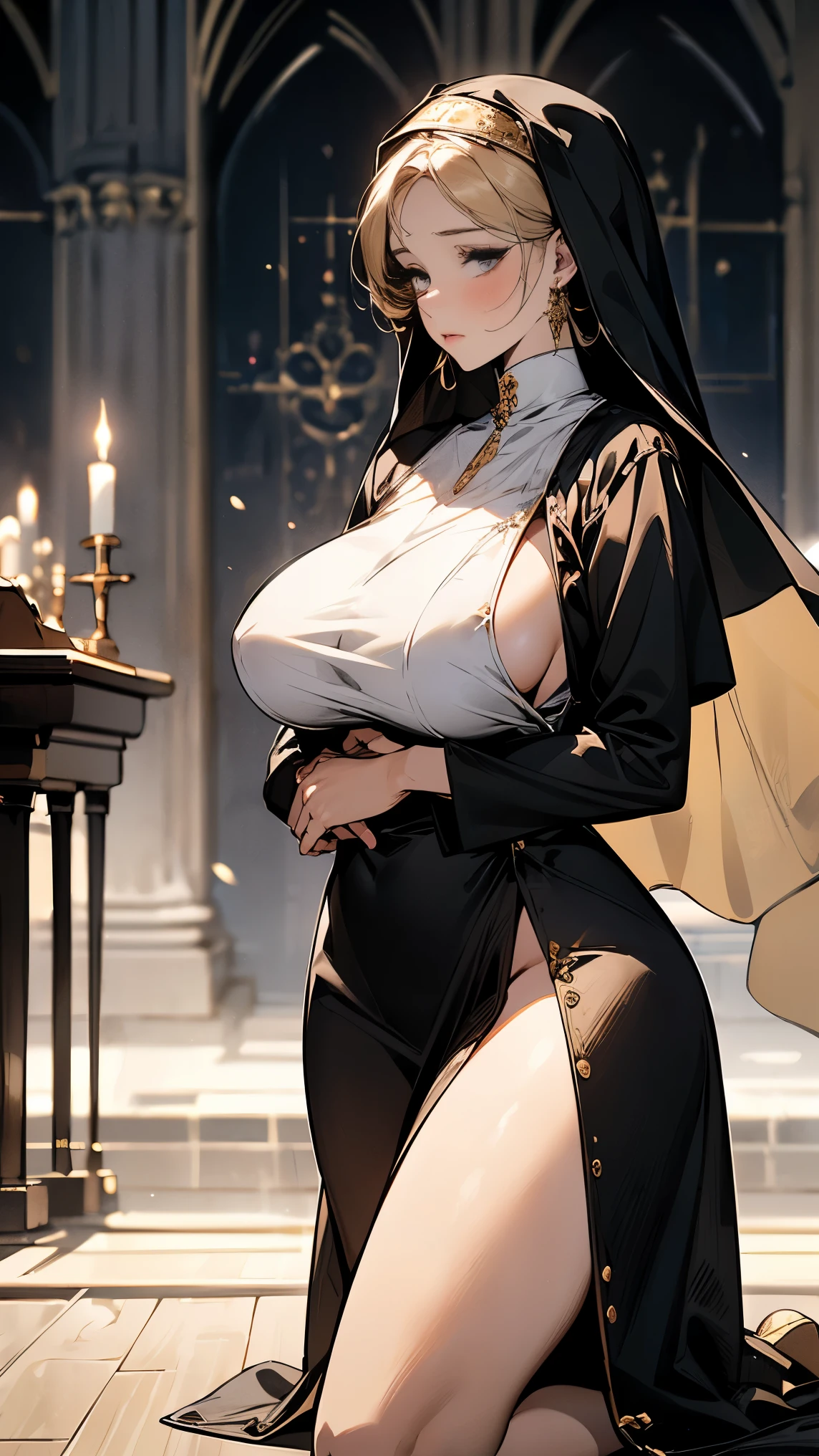 (Ultra high resolution, 8K RAW photo, photo realistic, thin outline), (cinematic lighting, textile shading), (nun hijab with gold accessories:1.3, gold cross ornaments), (huge breast, sagging breast, big tits, breast cleavage), 1girl, ((mature woman, milf:1.2)), 20 years old, (breast curtain:1.3, long tight skirts with side slit), matured Saint praying in front of altar in church, hands on together in front of your breast, kneeling, full bodyesbian, wearing religious uniform, blush, in heat, shamed, looking at viewers, blonde hair, at night, Clothes that show the lines of the body, (dynamic angle, breast focus, from center), spiritual,