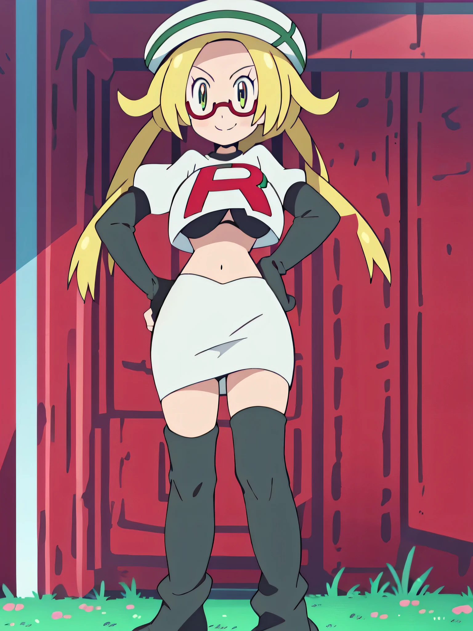 1girl in, (Solo:1.2), (Perfect body:1.1), (Best Quality:1.1), Cute Girl, Tsundere:1.1, (student clothes:1.4), (tiered layers skirt:1.2), very large breast, a blond, Long twintails, Black Ribbon Hair Fastening, Tsuriformes, sharp eye, Sanpaku eyes, (Seductive smile:1.5), Noble atmosphere, Fine-grained skin, (Choker with a cross:1.1), View of the valley, Navel Ejection, Raw feet, a belt on the thighhigh, Bright red eyes, Shining eyes, (NSFW:0.8), 8K, a belt on the thighhigh, Skinny Legs, School grounds with grass, full body seen, (Looking down here:1.2), (Loose socks:1.3), I don't have anything in my hands, No one around, hands on hip,team rocket uniform, red letter r, white skirt,white crop top,black thigh-high boots, black elbow gloves, glaring angrily, looking at viewer, hands on hips, full body seen1girl in, (Solo:1.2), (Perfect body:1.1), (Best Quality:1.1), Cute Girl, Tsundere:1.1, (student clothes:1.4), (tiered layers skirt:1.2), very large breast, a blond, Long twintails, Black Ribbon Hair Fastening, Tsuriformes, sharp eye, Sanpaku eyes, (Seductive smile:1.5), Noble atmosphere, Fine-grained skin, (Choker with a heart gem:1.1), View of the valley, Navel Ejection, Raw feet, a belt on the thighhigh, Bright red eyes, Shining eyes, (NSFW:0.8), 8K, a belt on the thighhigh, Skinny Legs, School grounds with grass, full body seen, (Looking down here:1.2), (Loose socks:1.3), I don't have anything in my hands, No one around,,masterpiece, best quality, highres,masterpiece, best quality, highres,team rocket uniform, red letter r, white skirt, white crop top, black thigh-high boots, black elbow gloves, glaring angrily, looking at viewer, hands on hips, full body seen, zettai ryouiki, Bianca, green hat, glasses