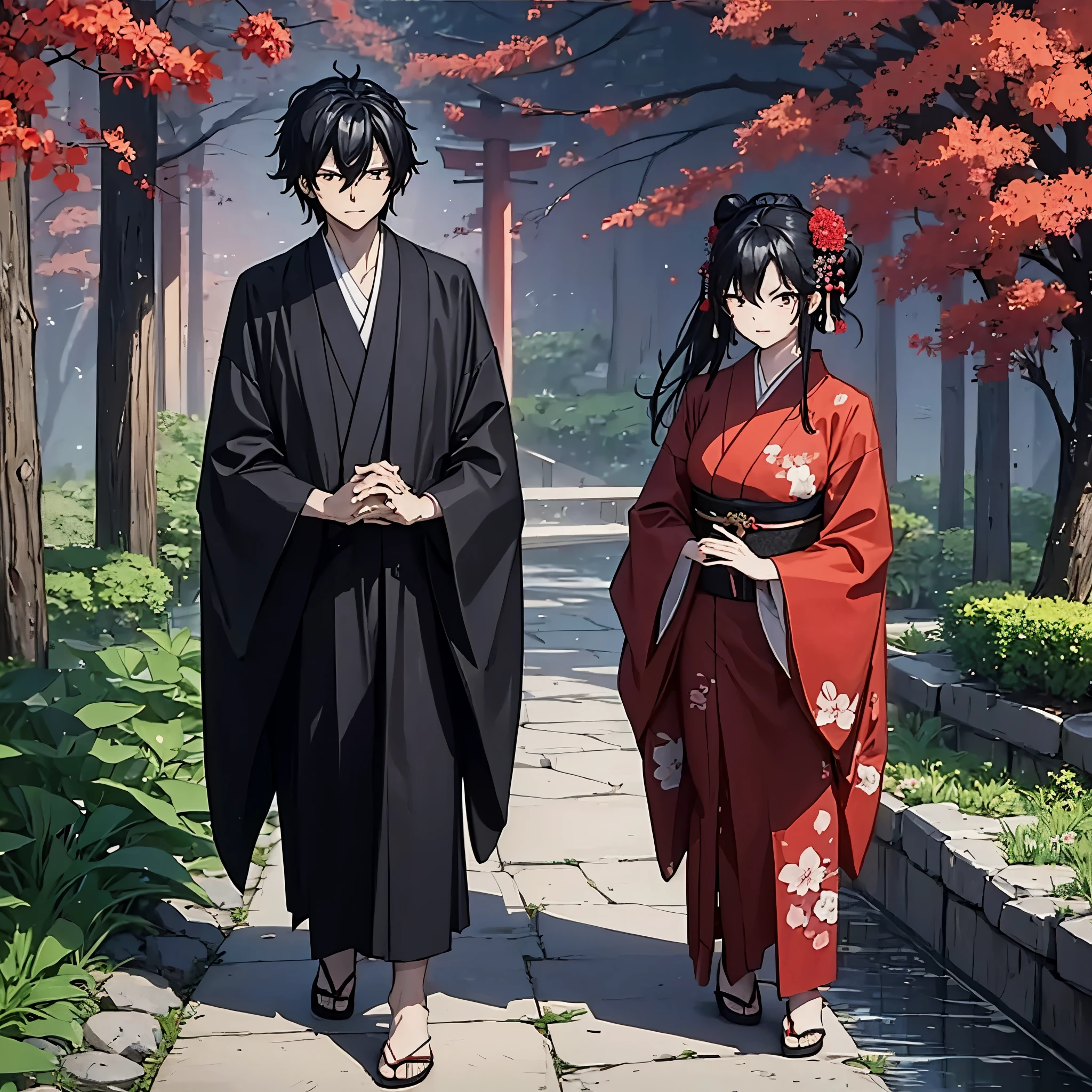 a man in a black kimono holding the hand of a woman in a red kimono in a Japanese garden
