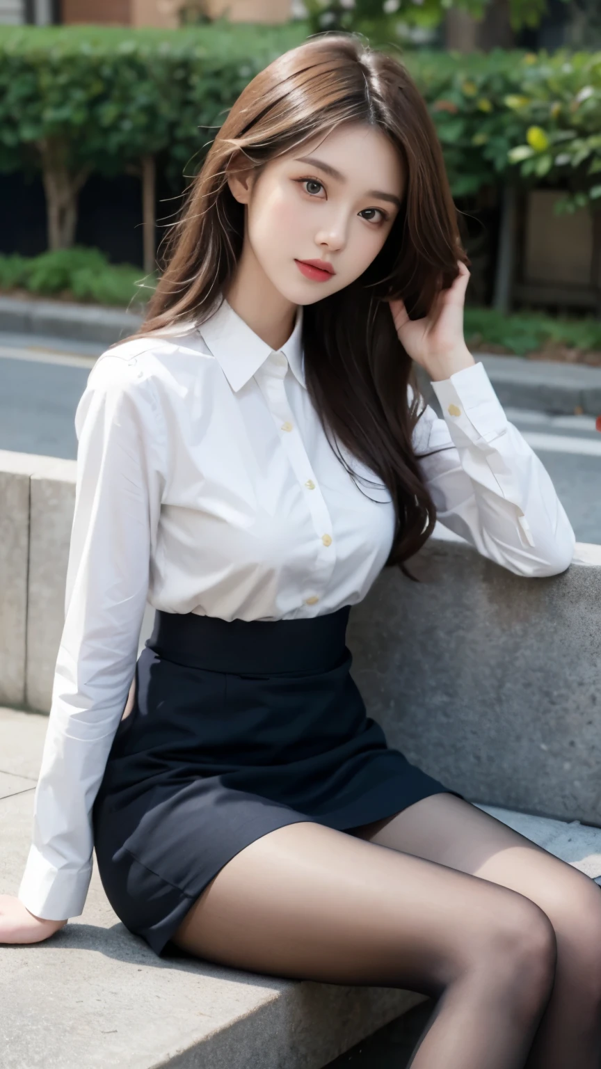 best quality, Looks like a whole body,sophisticated facial features,pair of smart eyes,cute face,25 year old female,slim body shape,big bust,OL uniform,office wear,white stockings,outdoor scene,sitting pose,yellow long hair