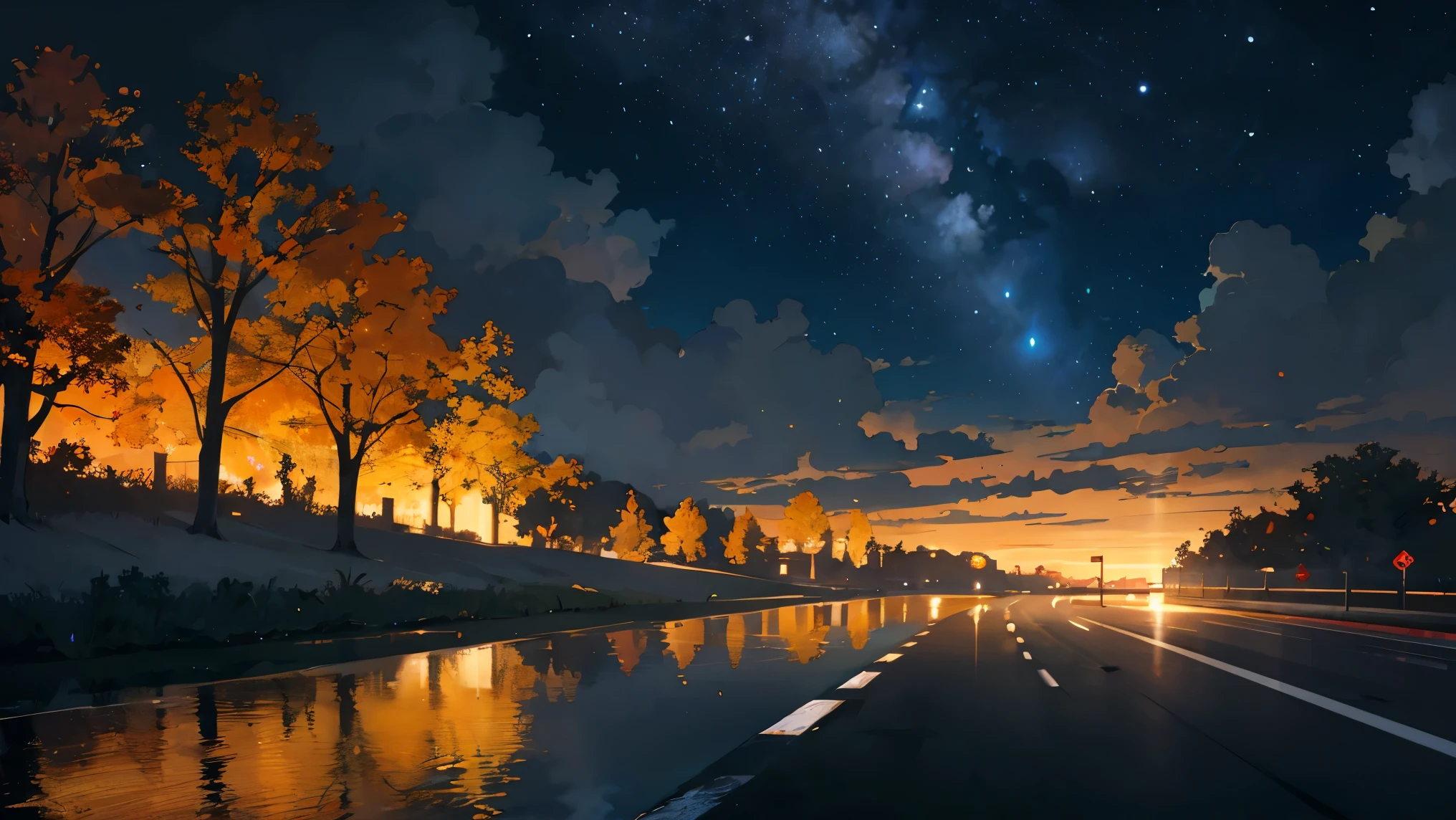 High quality masterpieces, landscapes, clouds, anime Mclaren Senna passing water bodies on highway in the distance, bright starry sky. traveler, romantic lights, pixiv, concept art, lofi art style, reflection. Makoto Shinkai, rophy art, beautiful anime scenes, anime scenery, detailed scenery — width 672, Makoto Shinkai's style, Makoto Shinkai's style, enhanced details.