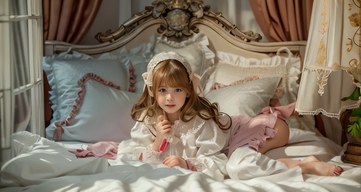 ,highest quality, masterpiece, highest resolution, artwork, super それにget used to it, many get used to it, get used to it, それにget used to it, 3K realistic photos,,(( girl)),Super detailed baby face,
girl illustration,detailed beautiful face detailed hair,detailed human eye ,detailed mouth, arm details,detailed hands,
european,(((Blonde with super long rolls))),blue eyes,pajamas,night wear,((((white nightgown)))),((フリルとリボンが沢山付いたwhite nightgown)),((1920 style nightgowns)),,((headdress with frills and ribbons)),victorian nightgowns,Yoke collar with ruffles and ribbons,Long sleeves with ruffles,Long skirt up to the ankle,((The whole body is reflected)),white ruffle and lace socks,Wearing slippers with frills and ribbons,Pillow with large frills and ribbons,detailed costume,Detailed pillow,sitting on the bed,贅沢なcanopy bedの上,canopy bed,Luxury curtains on both sides of the bed,many frilly pillows on the bed,super detailed background,Detailed bed,romantic atmosphere,