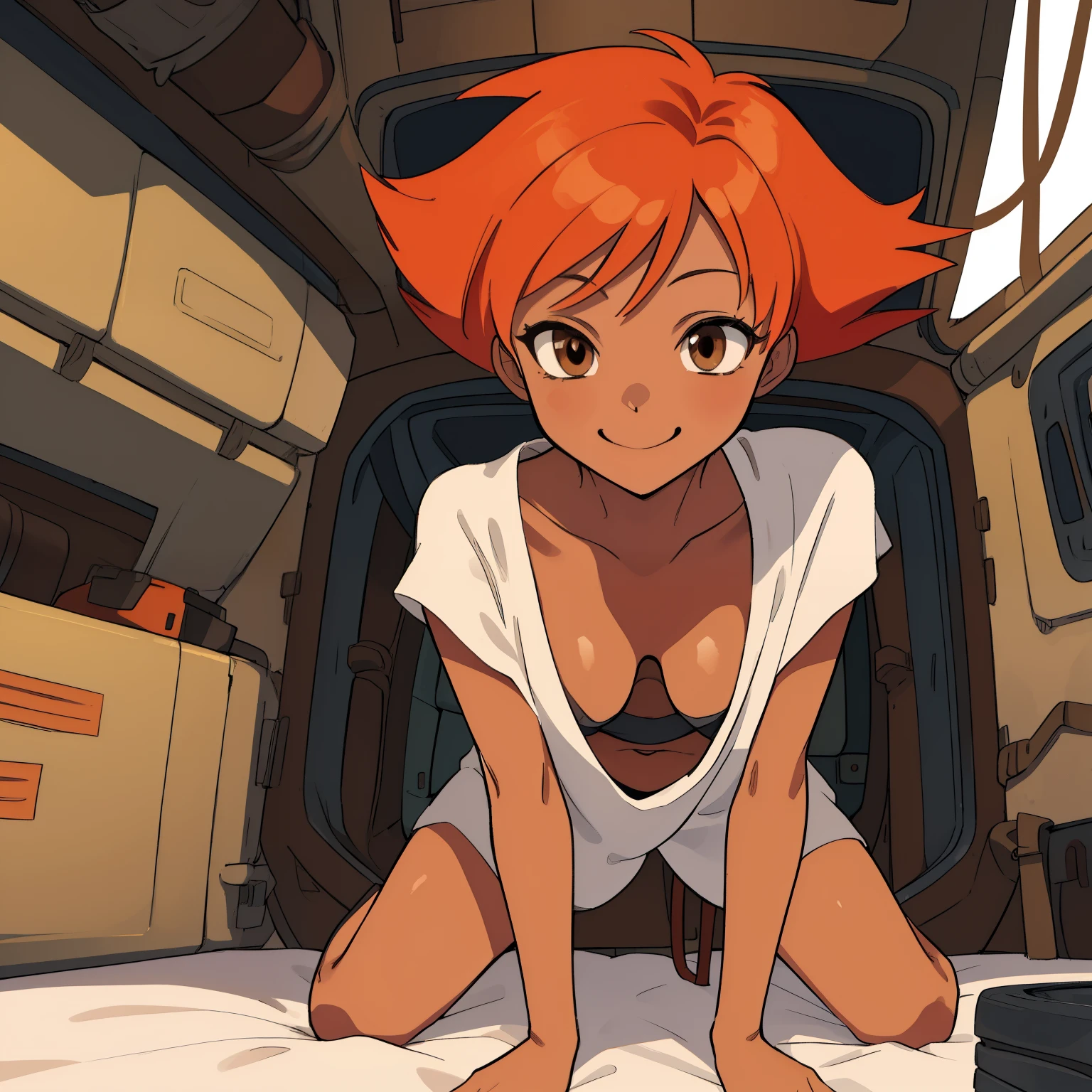 Edward,midriff,orange hair,white shirt,off shoulder,collarbone,tan skin, black bike shorts,goggles, brown eyes, space station,engine room, on all fours, smiling, bedroom eyes, breasts, cleavage (insanely detailed, beautiful detailed face, masterpiece, best quality),