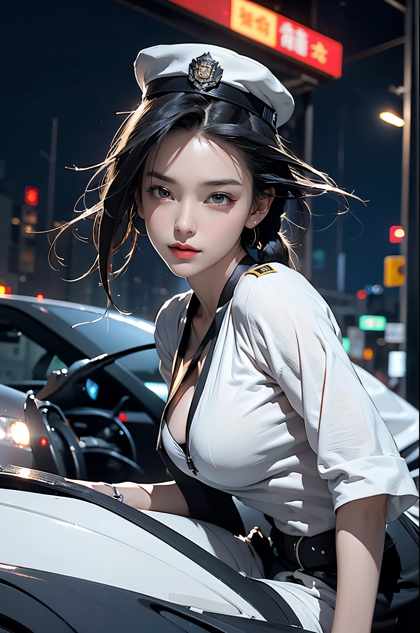 Highest image quality，Excellent details，ultra high resolution，The police of the future，She wears futuristic，ponytail，She stood in front of the police car，strong body，Sexy and strong，Detailed abs，Detailed muscle lines，dynamic poses，night，Future city street view background，neon lights，sense of technology，future technology，Very detailed cyberpunk style，cyberpunk characters，very detailed警察，very detailed警帽，very detailed警察部队，very detailed徽章，Detailed armband，very detailed条带，Highly detailed epaulettes，wear police cap，Detailed electric baton，very detailed，The gun of the future，intercom，Wireless devices，Detailed handcuffs，very detailed装备，Highly detailed police car，Future police car，street frontage，Full body image，looking from bottom to top，looking from bottom to top, look at the audience，Mecha，(huge breasts:1.2),wet skin