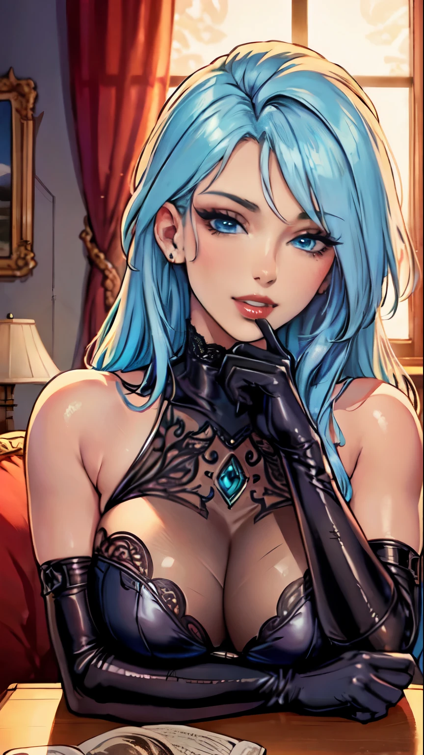 Masterpiece, raw, beautiful art, professional artist, 8k, art style by sciamano240, very detailed face, very detailed hair, perfectly drawn body, beautiful face, long light blue hair , hair tide up, very detailed blue eyes , rosey cheeks, intricate details in eyes, joyful smile , relaxed expression, lipstick, very close up on face, warm light, evening, living room setting, on the cover of a fashion magazine, modeling shot, wearing leather dress, elbow gloves,