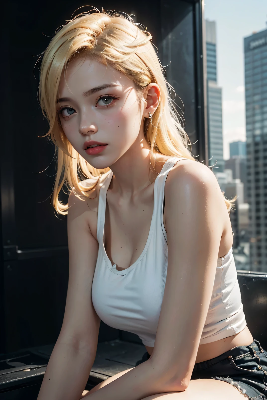 22-year-old woman, (high top fade: 1.3), long hair, dark theme, soothing tones, muted colors, high contrast, blonde (natural skin texture, hyperrealism, soft light, sharp), blonde, (white tank top), big, cleavage, skyscraper