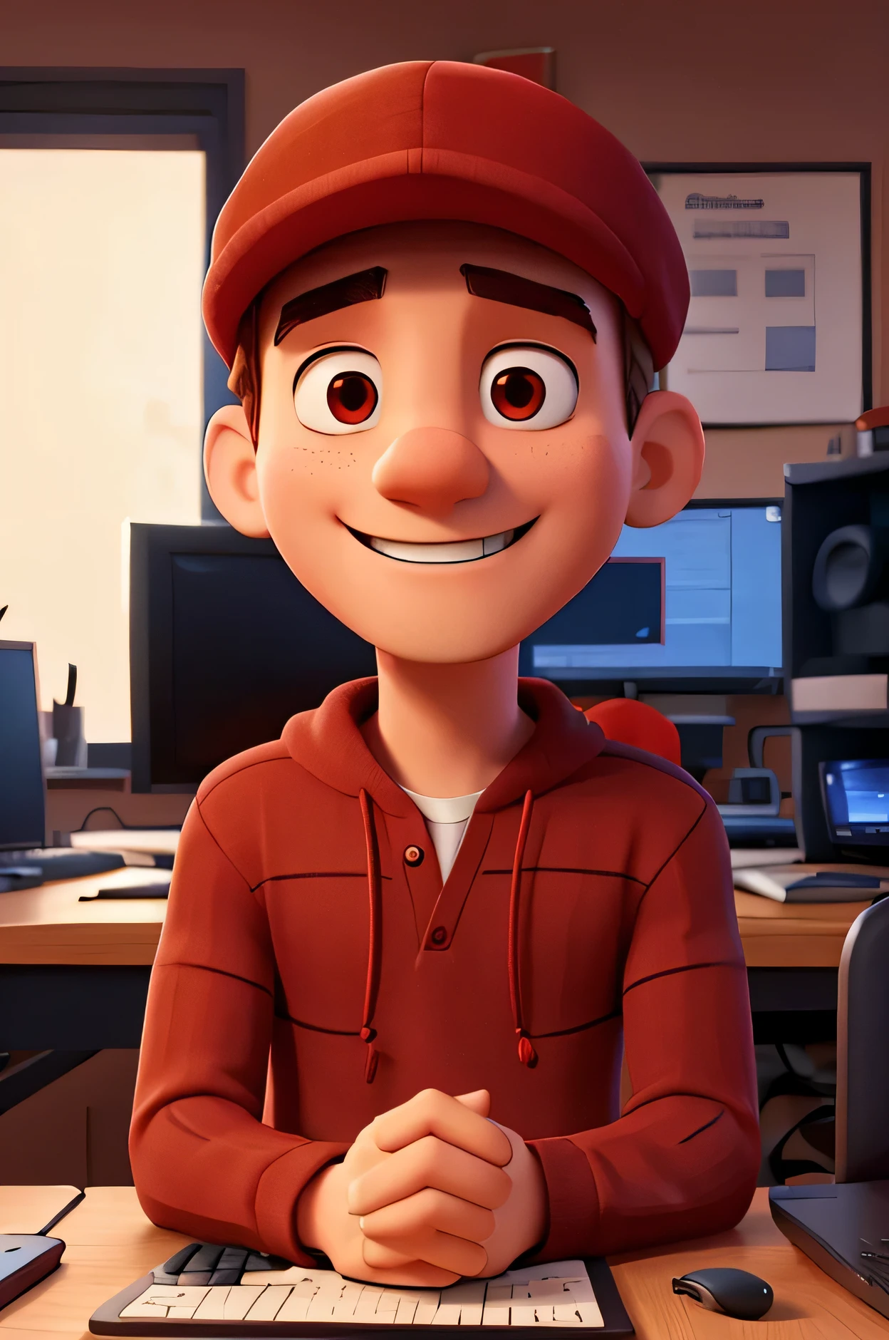 man in red cap is happy, that I got a job, working at the computer with a satisfied look