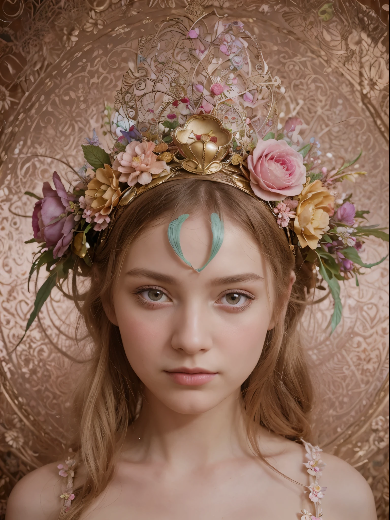 There is a woman wearing a cake crown on her head., inspired by james christensen, Floral Couture, Decorated with all kinds of sweets, A woman made of sweets, Floral headdress, inspired by Daniel Merriam, inspired by Cecil Beaton, flower queen, organic headpiece, fine art fashion magazine style, elaborate ornate headpiece, Daniel Merriam's style