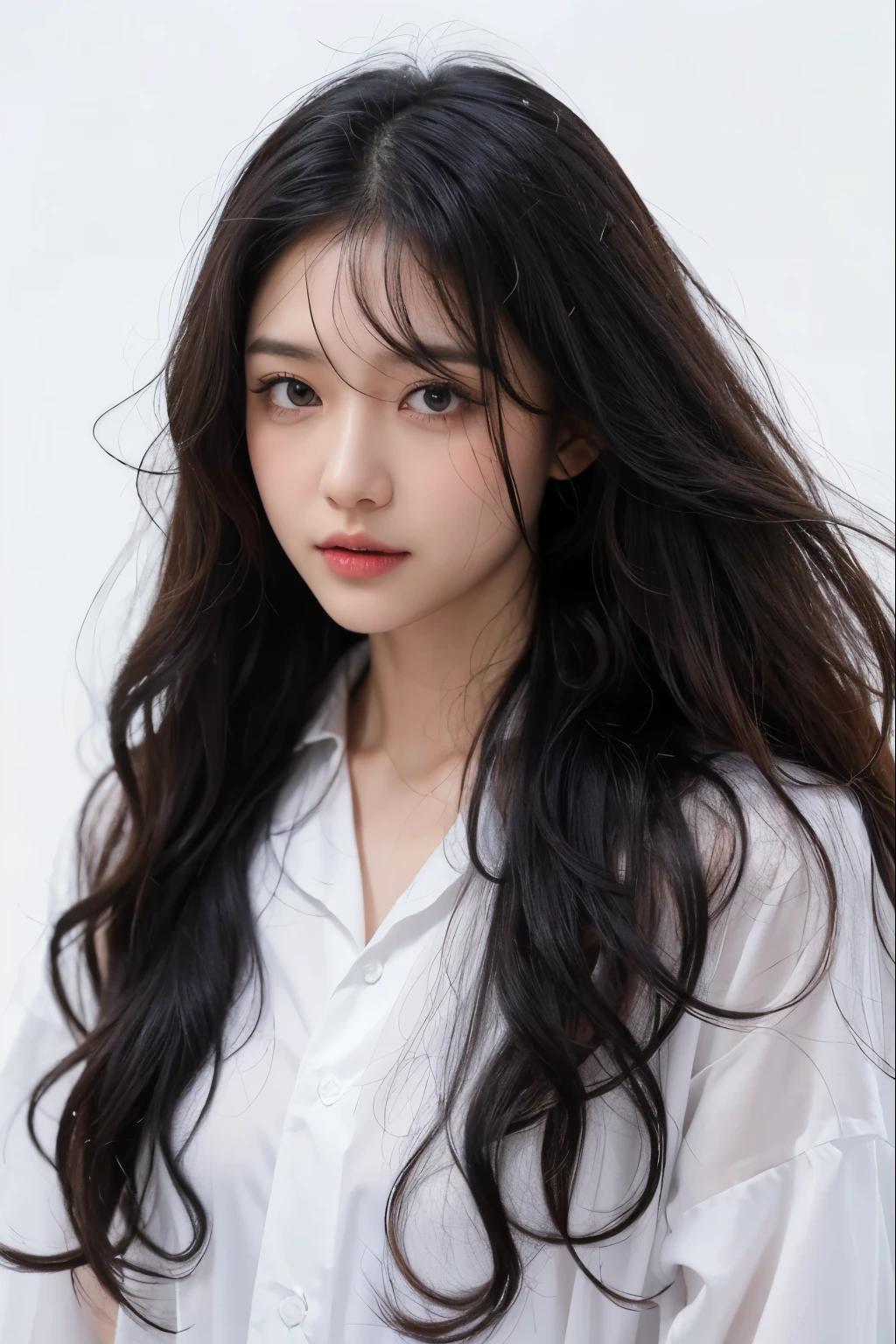 layerd long hair, wet curly hair, white background, black eyes