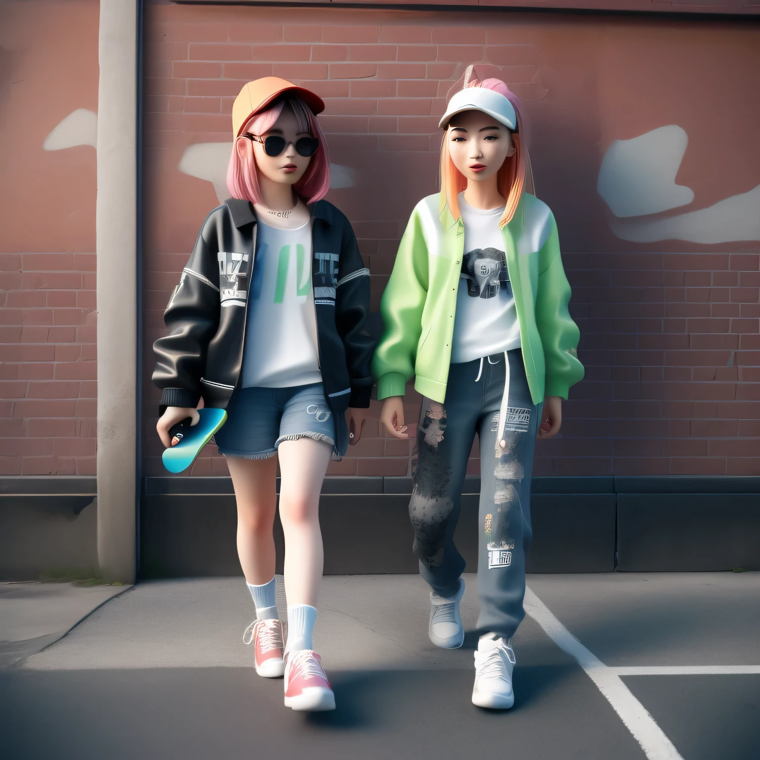 here are Two people walking down the street with skateboards, Two people, top - down photograph, Two people物的中景镜头, answers, outlive streetwear collection, top down, 2 people, couple, man and woman walking together, top - down photograph, post grunge, answers style wear, Shooting from top down, grunge style, grunge rock，best quality, masterpiece, Very detailed, Super detailed，film photography