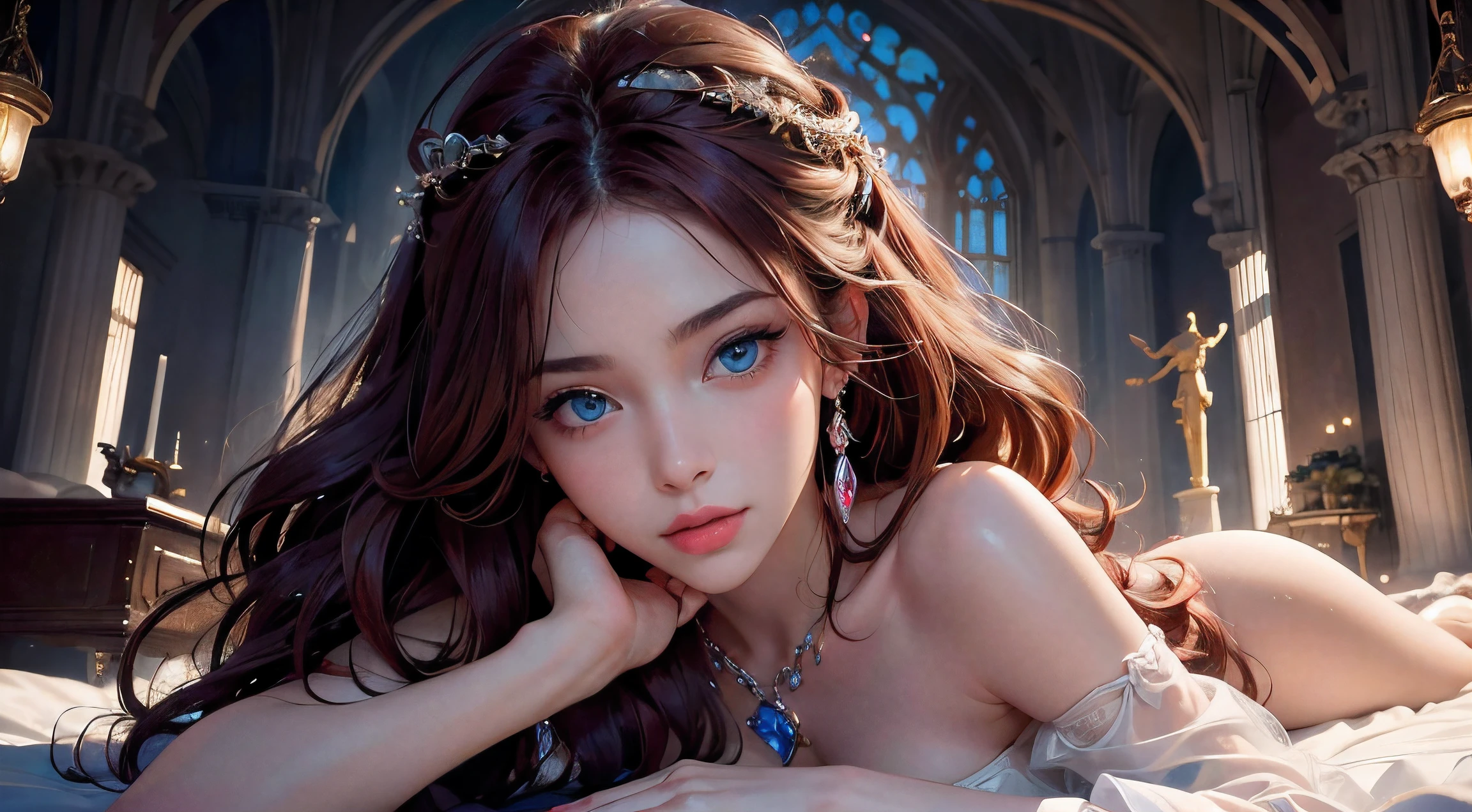 8K high-definition，Natural light exposure，Real photos，sexy beauty，exquisite facial features，eBlue eyes，Slim figure，Bigchest，Red long-haired，curlies，gracefulness，artistic pose，Large transparent luminous crystal，Transparent glow