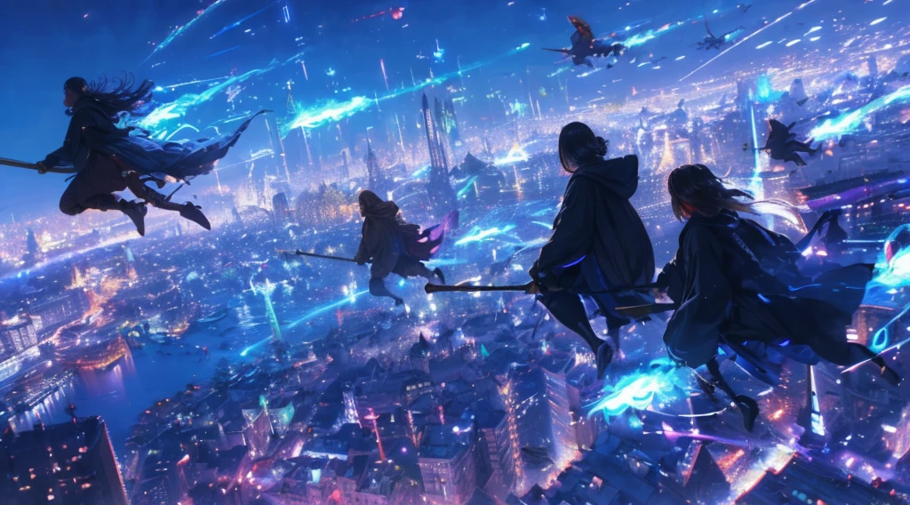 (best quality, masterpiece, ultra-detailed, photorealistic:1.3), (a magical broomstick race but futuristic), multiple participants, close up frontal shot, mystical cyberpunk, dystopian magical city, dutch angle, dynamic, Intricate, High Detail, Sharp focus, dramatic, photorealistic painting art by greg rutkowski