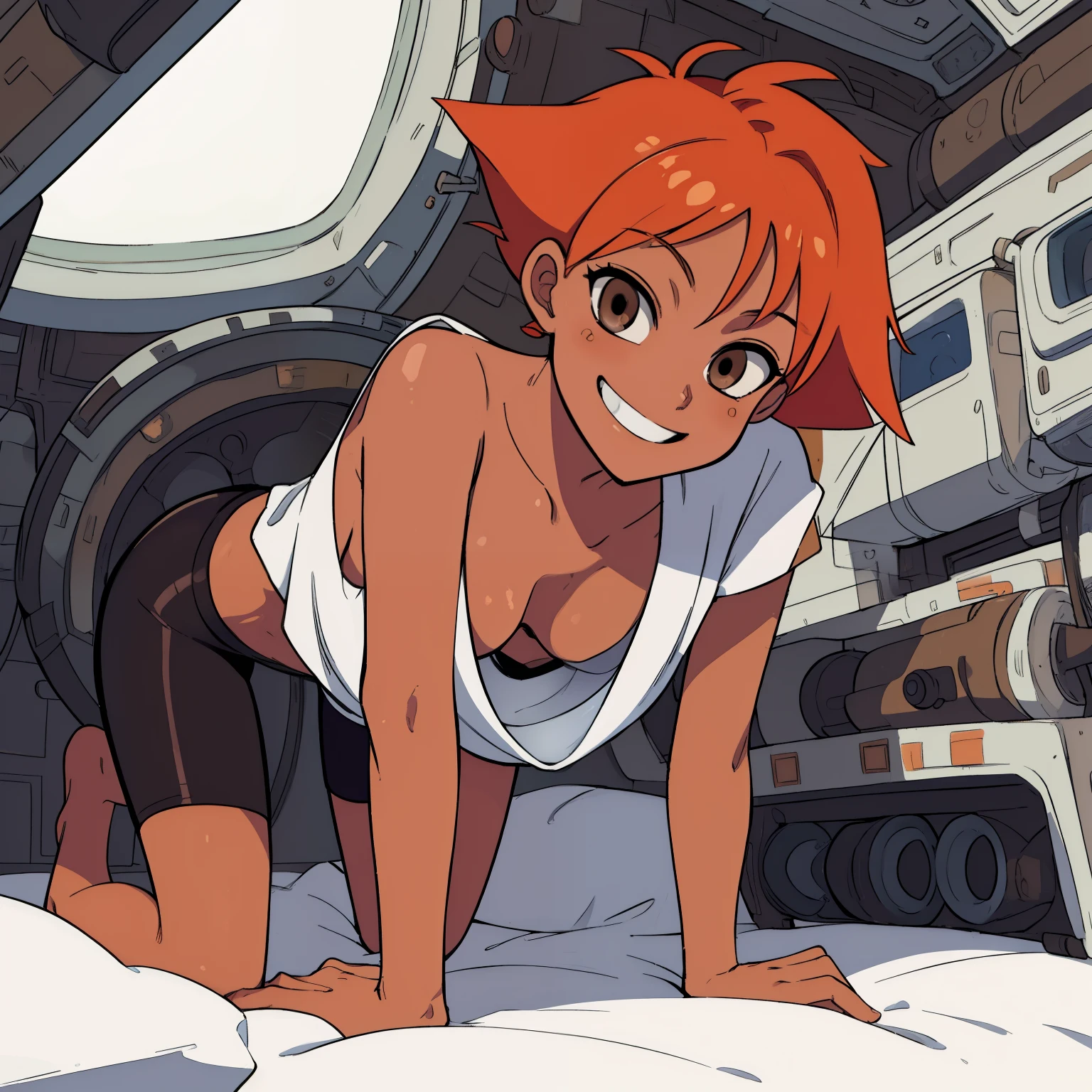 Edward,midriff,orange hair,white shirt,off shoulder,collarbone,tan skin, black bike shorts,goggles, brown eyes, space station,engine room, on all fours, smiling, bedroom eyes, breasts, cleavage (insanely detailed, beautiful detailed face, masterpiece, best quality),