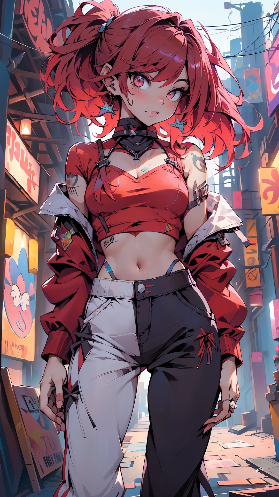(La mejor calidad,A high resolution,Ultra - detallado,actual),Ariana Grande, cyber style , 1 chica, solo, Cabello rosa largo y desordenado, tatuaje tribal, (PANTALONES ROJOS HOLGADOS:1.4), fondo borroso,,More detailed 8K.motor irreal:1.4,UHD,La mejor calidad:1.4, fotorrealista:1.4, textura de la piel:1.4, obra maestra:1.8,obra-prima, mejor calidad,objeto Objeto], (detailed face features:1.3), (ciberpunk 2.1),(convexo dedos detallados), (pantalon color rojo:1.4) 