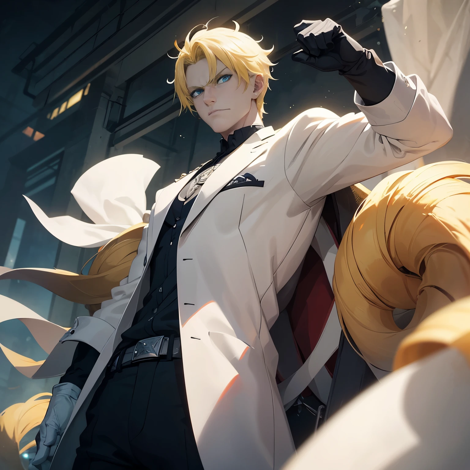 The British villain is tall and strong, with pale skin, Spiky Short light Yellow hair, blue eyes, and white gloves, depicting a serious demeanor in the style of an anime style, showing intricate details.