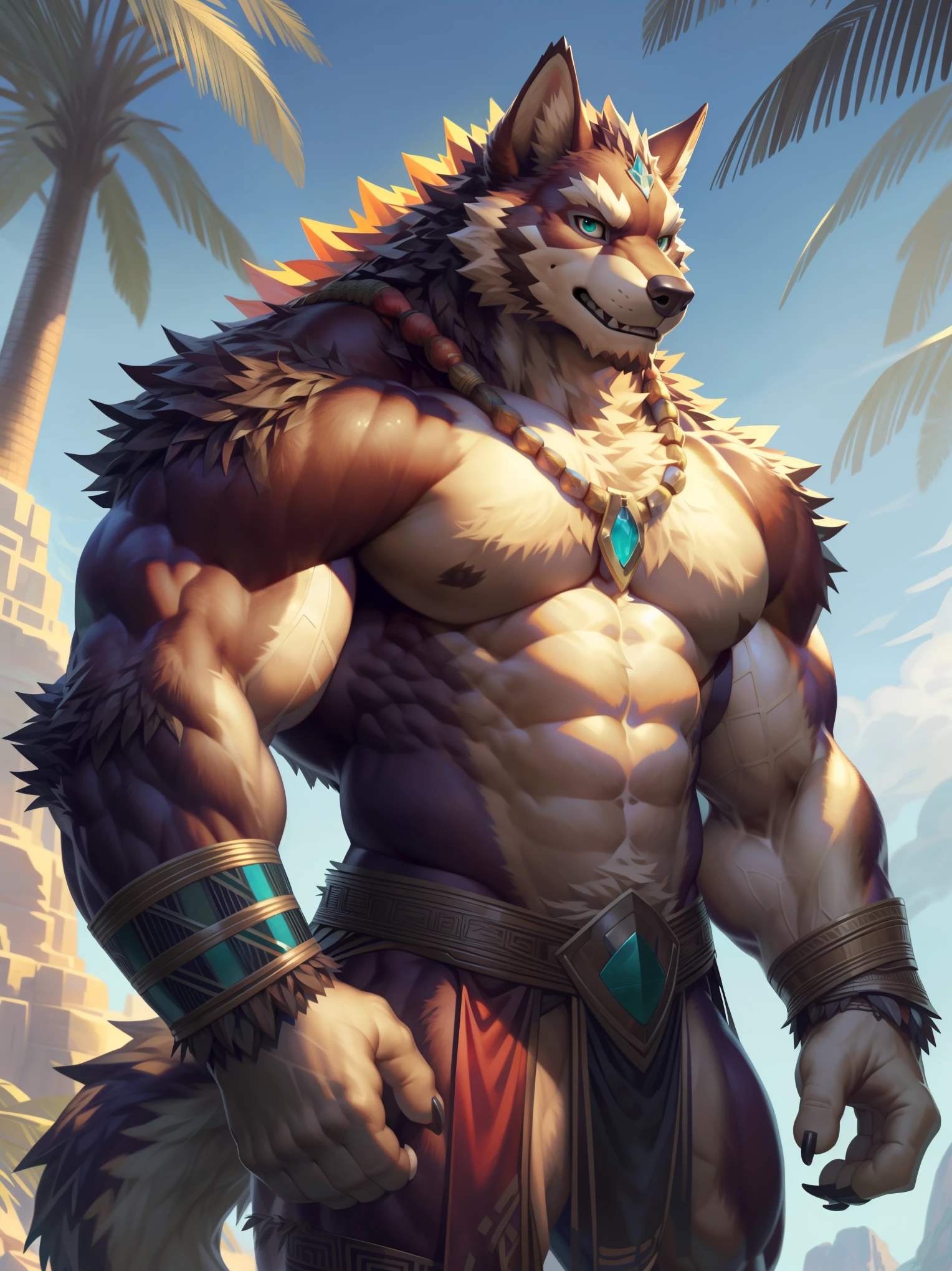 solo, anthro, furry, furry male, wolf, ((fluffy fur, fluffy, detailed muscles)), (wolf print), (brown body), detailed abs, (brown fur), detailed chest, huge pectorals, big muscles, teal eyes, tail, detailed teeth, detailed face, detailed fur, detailed face, mono-colored body, glowing scales, detailed eyes, padded armor, tribal ceremony wear, armor, barbarian attire, full body, claws, (oasis kingdom), (by null-ghost,by raccoon21, masterpiece, high quality, hi-res,8k), standing,close-view portrait, looking at the viewer, outdoor, pose, calm, powerful,