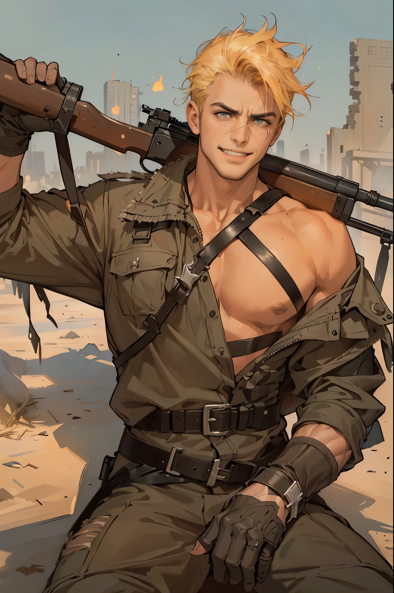 1 boy, Upper body, handsome man, perfect male figure, high quality, best quality, portrait, dynamic poses, (mercenary, hold a rifle, smile), High, strong and muscular, Sitting in the ruins, madmax, Punk clothes,Paramo costume, Ray tracing, dramatic shadows, drama production, Cinema lighting, delicate face