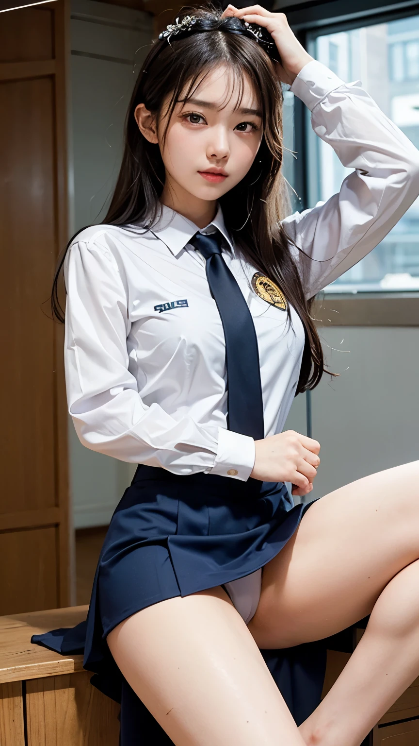 Tight-fitting high-cut gymnastics suit in school uniform color,Perfect body,Nice face, beautiful girl,Pull up the posing to reveal underwear,slim face,flower hair accessories,legs spread,There is thick liquid flowing down the inside of the leg,The front of the skirt is soaked,transparent underwear,The small slit below is recessed,Water leaked from the small slit and soaked the underwear,Anterior top of the crotch,Pubic hair exposed