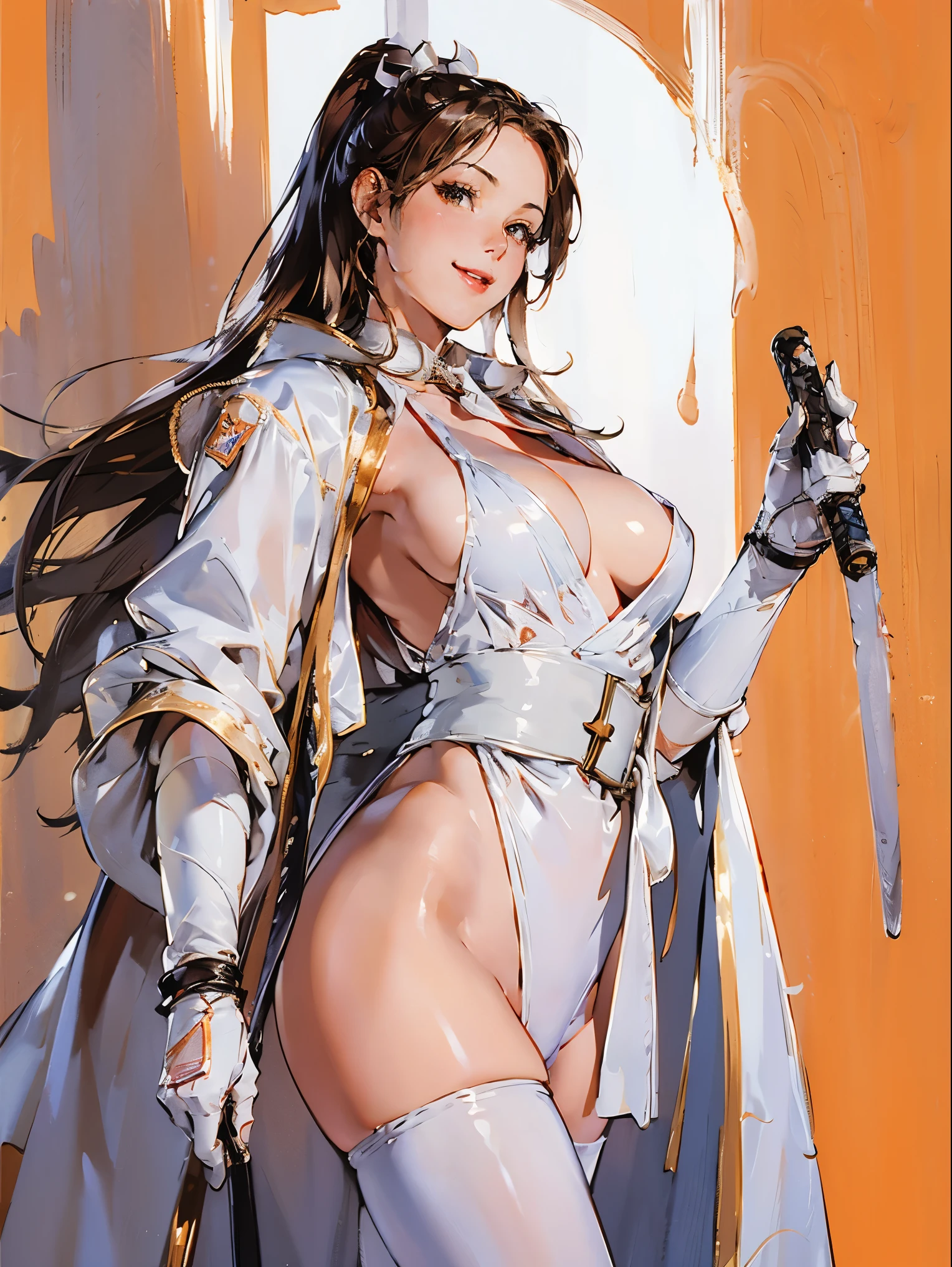 art by (Carl Larsson:1.2),(post-Impressionist),monet color,,close shot,((oil painting)),soft lighting,COOL,shiranui mai,brown eyes, long hair, brown hair, white ribbon,,narrow waist, wide hips, thick thighs,(kind smile, wink:1.2),looking at viewer,sagging breasts, (large breasts:1.4), black choker,ruanyi0111,belt,white bodysuit,thigh boots,white gloves,katana,white cloak,sheathed,necktie,standing pose,close shot:1.3,,((orange background)),