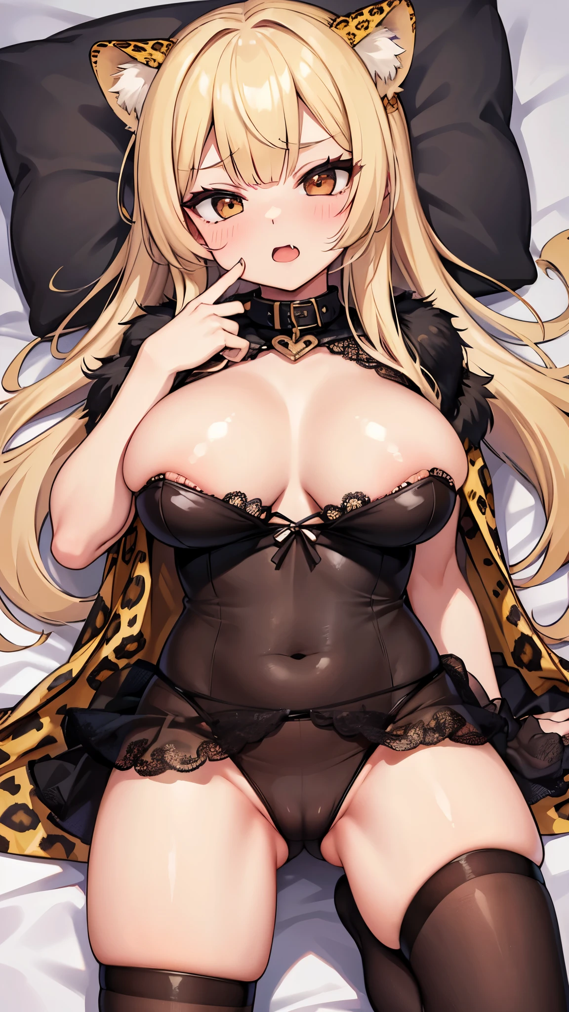 1girl, leopard print fur coat, blond hair, beautiful girl, naughty face rolling_eyes cross-eyed ahegao open mouth tongue out, on the bed, brown gal,