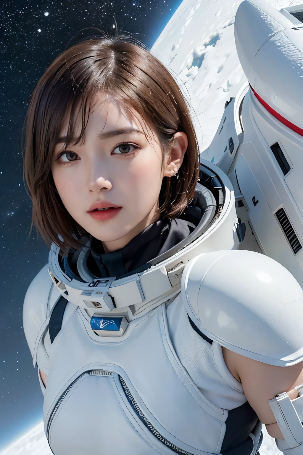 highest quality、masterpiece、ultra high resolution、(real:1.4)、Beautiful woman1、Beautiful details of eyes and skin、light brown short cut hair、The perfect spacesuit、spaceship、snow原、snow、