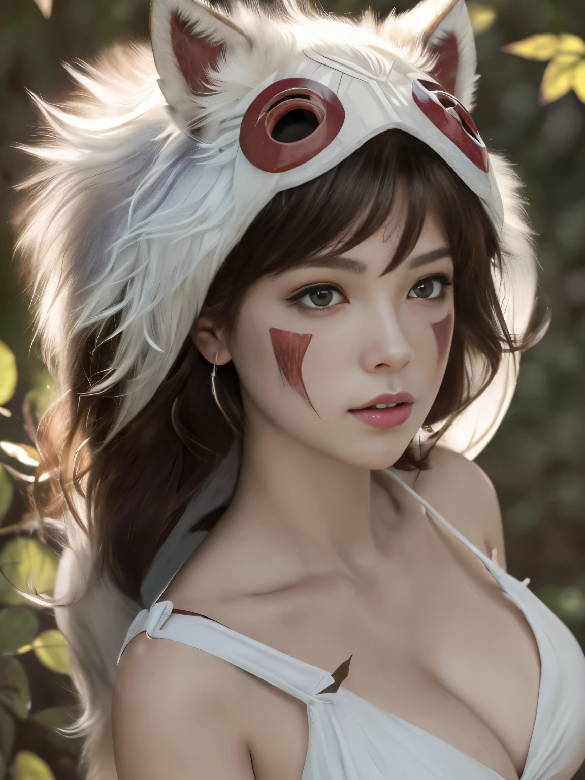 (software),(realism, ultrarealism,masterpiece, highest quality, 小型detailed), 1 girl, Wild Girl, glamor close up shot (From above) of beautiful (princessmononoke) Liar (Next to the wolf), (hugging a white fluffy wolf),  surrounded by leaves, fluffy, pixie cut, extremely short hair,( Big breasts, upright ), winding,  Severe, detailed, (realistic, photograph), blurred background, soft focus, face focus, dramatic light, Atmospheric Photography,    detailedな美しい顔, detailed pupil, 目のdetailedな虹彩, detailedなふっくらとした唇, sharp focus, (Student accent),  cute face,  close up portrait,  best selling,  Pupil glare and reflexes,