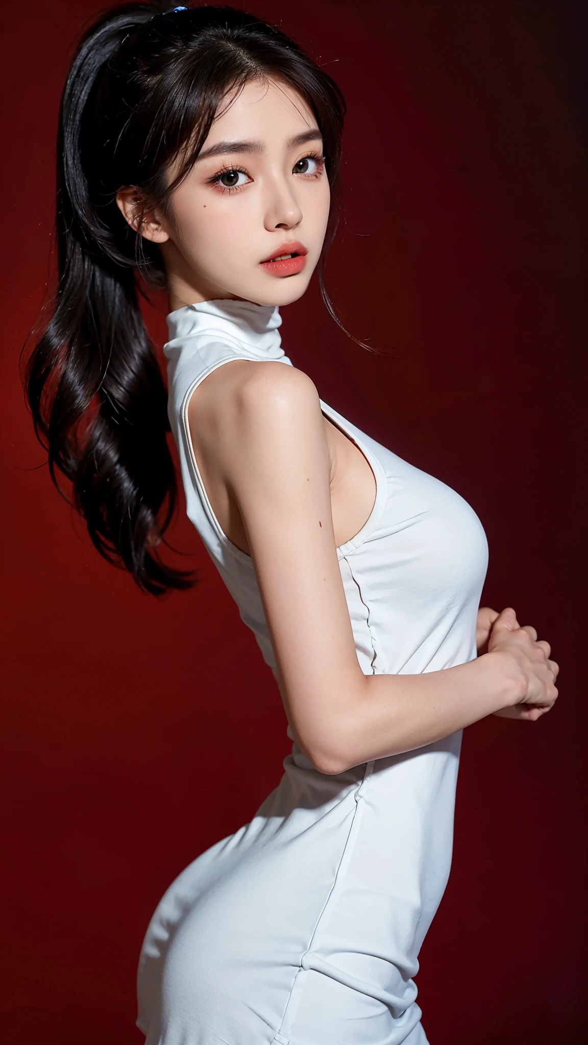 (Very long straight hair, brown:2), (masterpiece, best qualtiy, Light photo, Photorealsitic, From the top of the head to the crotch:1.7), BREAK (2 girls in, Beautuful Women, the skin is white and clean, Good Style, Half Japan and half French, with large breasts but thin, :1.7), BREAK (Stunning innocent symmetrical face, Beautiful fece, light skinned:1.7) BREAK (Beautiful eye details, Beautiful noseline, Details of a beautiful little nose, Beautiful thin lips Description, closes mouth, Fair skin, zora々skin:1.8) BREAK (drooping eyes with long slits, Symmetrical eye shape:1.4), (Big eyes:1.4), BREAK (Ivory Tight Tank Top Dress:2), (Black Choker:1.5), (Looking at the camera, Focused:1.6), (Cheerful, The whole body flushed, Laughing and blushing, Plain Smile, Carefree smile:1.5), (Large breasts, taut breasts,neat shape breasts:2.3), (slender:2.2), (Thin body, thin waist, Thin under the chest,Thin arms, thin neck, Thin leg, thin shoulders, sloped shoulder:2), BREAK (White Simple background:2.2), (early morning, Healthy morning, good condition、It's a little dark around, flat lighting:2), BREAK (9 head body, Beautiful Large Breasts, Beauty Slender Body Line, slender:2), (stanchion, Black Leather Restraint collar:2)