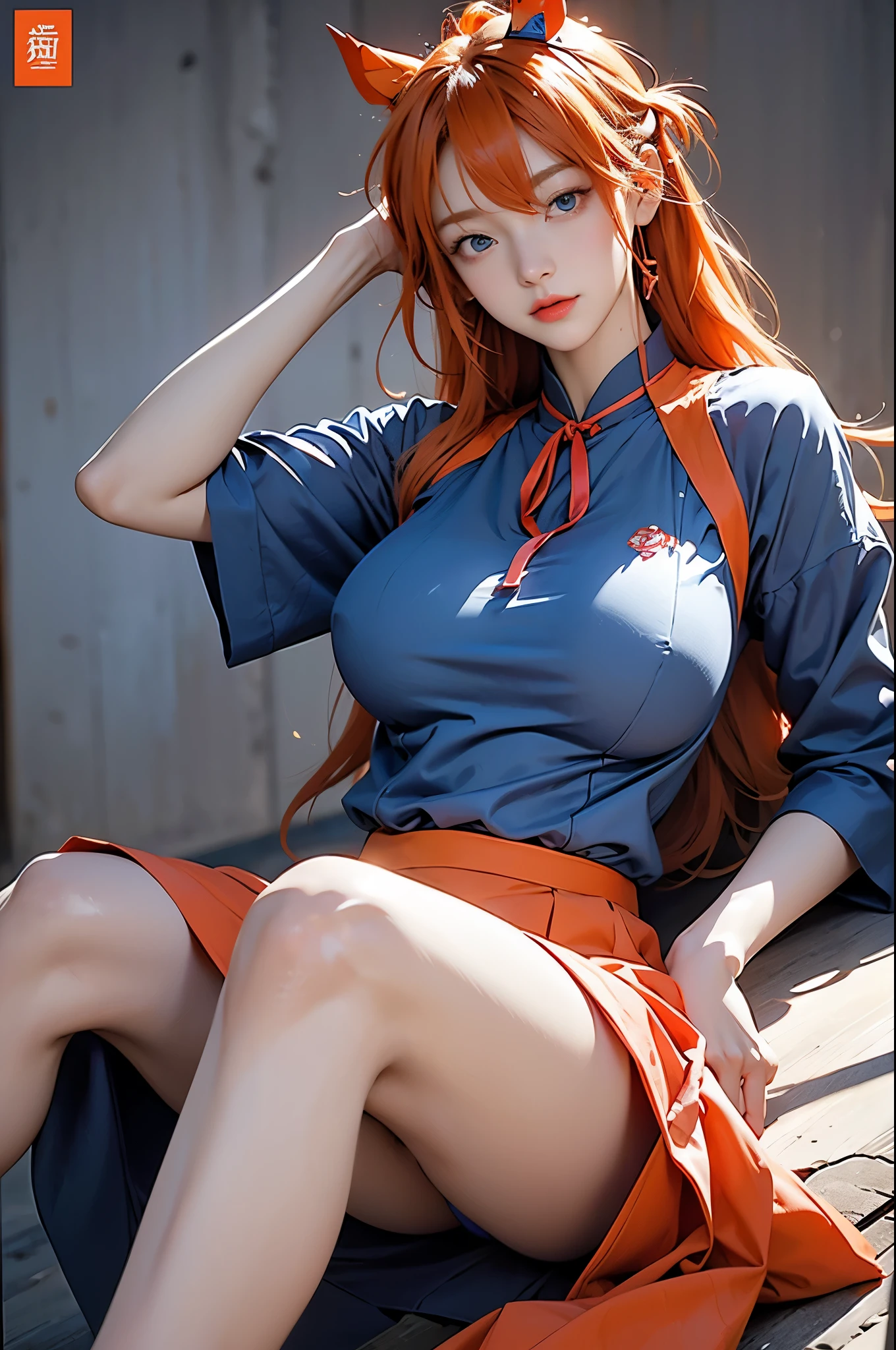 Asuka Langley Soryu，blue eyes，hair between eyes，Headpiece，Interface headset，orange hair，red ribbon、ribbon、Uniforms、skirt、Slip dress、Slip dress、Tokyo None. 3 初中Uniforms、The album cover，storytelling images，(huge breasts:1.2),wet skin