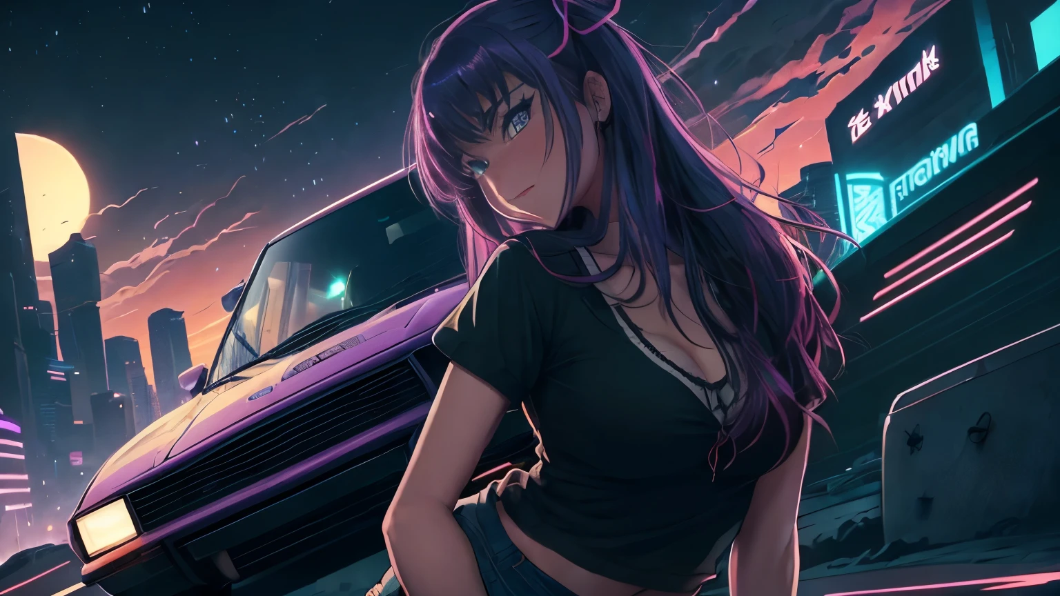 Reverse wave. City, jdm car, wide-body kit, road, purple neon, sun, close-up
(masterpiece, detailed, high resolution),1girl posing, sexy micro shorts, babylook t-shirt, extremely beautiful and sexy