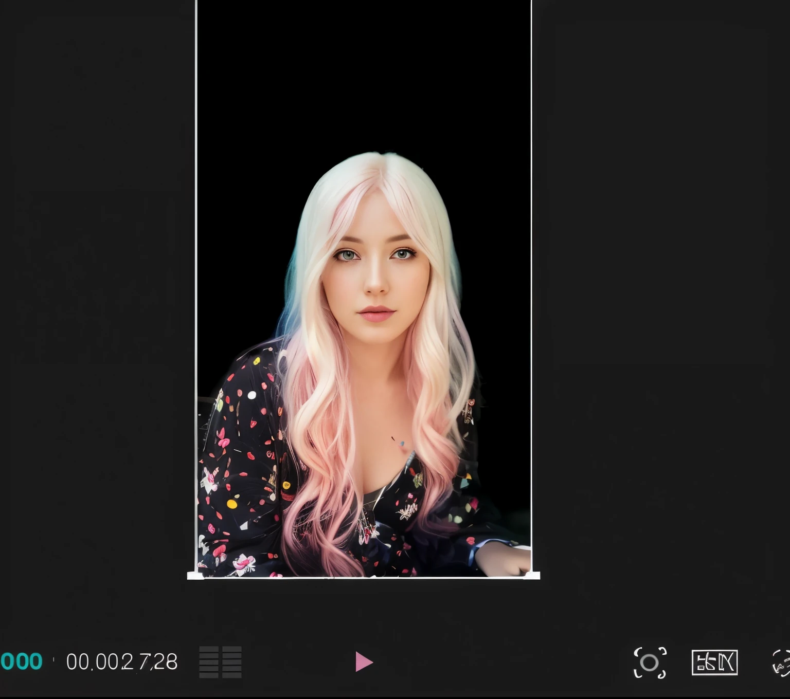 a close up of a woman pink hair and a black background, her hair is white, low quality footage, low quality video, Color video clips, Highly detailed visual effects portraits, pink hair, flowing pink hair, Professional color grading, color photograph portrait 4k, Soft portrait shots 8K, long flowing pink hair, color lens