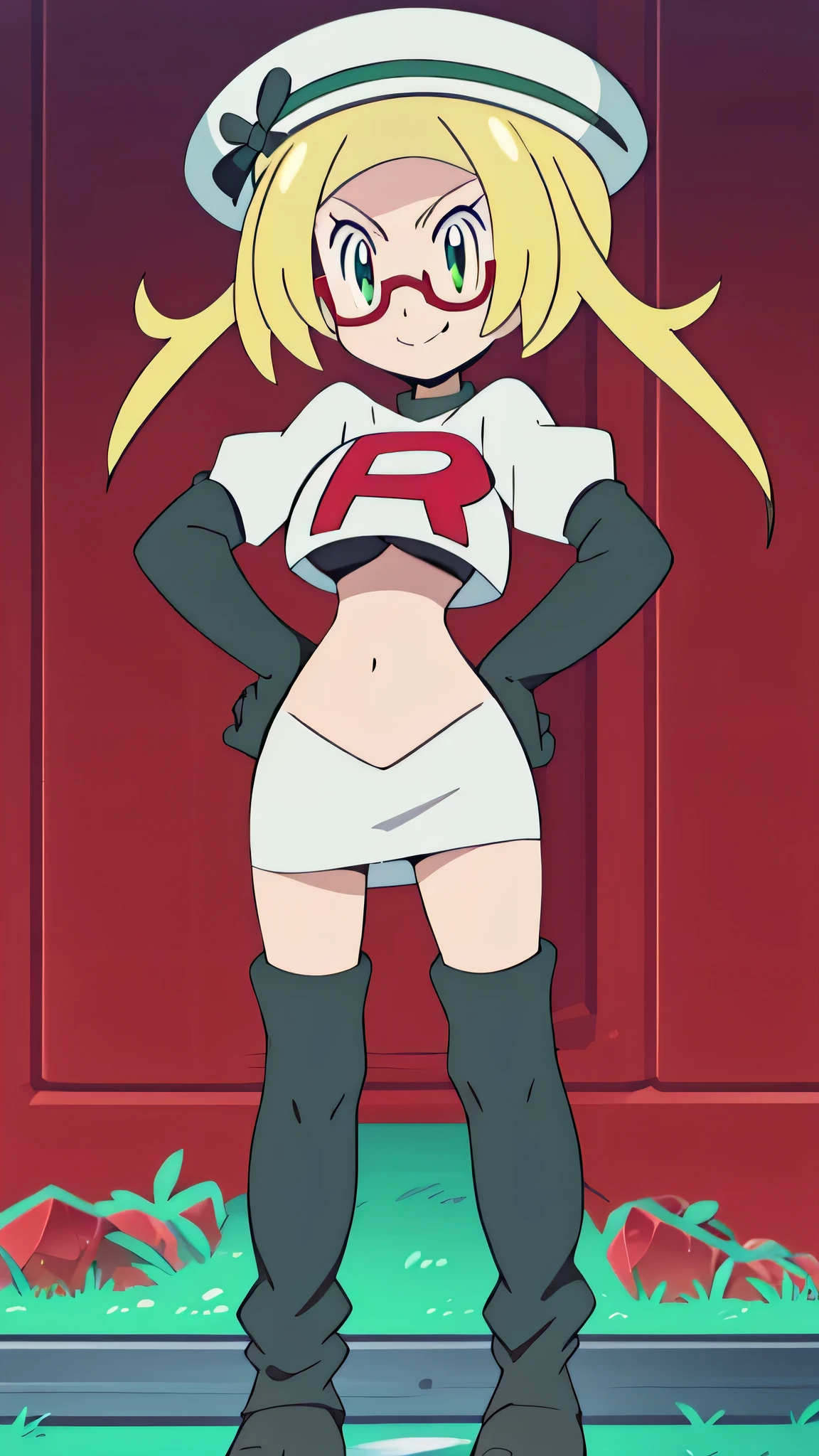 1girl in, (Solo:1.2), (Perfect body:1.1), (Best Quality:1.1), Cute Girl, Tsundere:1.1, (student clothes:1.4), (tiered layers skirt:1.2), very large breast, a blond, Long twintails, Black Ribbon Hair Fastening, Tsuriformes, sharp eye, Sanpaku eyes, (Seductive smile:1.5), Noble atmosphere, Fine-grained skin, (Choker with a cross:1.1), View of the valley, Navel Ejection, Raw feet, a belt on the thighhigh, Bright red eyes, Shining eyes, (NSFW:0.8), 8K, a belt on the thighhigh, Skinny Legs, School grounds with grass, full body seen, (Looking down here:1.2), (Loose socks:1.3), I don't have anything in my hands, No one around, hands on hip,team rocket uniform, red letter r, white skirt,white crop top,black thigh-high boots, black elbow gloves, glaring angrily, looking at viewer, hands on hips, full body seen1girl in, (Solo:1.2), (Perfect body:1.1), (Best Quality:1.1), Cute Girl, Tsundere:1.1, (student clothes:1.4), (tiered layers skirt:1.2), very large breast, a blond, Long twintails, Black Ribbon Hair Fastening, Tsuriformes, sharp eye, Sanpaku eyes, (Seductive smile:1.5), Noble atmosphere, Fine-grained skin, (Choker with a heart gem:1.1), View of the valley, Navel Ejection, Raw feet, a belt on the thighhigh, Bright red eyes, Shining eyes, (NSFW:0.8), 8K, a belt on the thighhigh, Skinny Legs, School grounds with grass, full body seen, (Looking down here:1.2), (Loose socks:1.3), I don't have anything in my hands, No one around,,masterpiece, best quality, highres,masterpiece, best quality, highres,team rocket uniform, red letter r, white skirt, white crop top, black thigh-high boots, black elbow gloves, glaring angrily, looking at viewer, hands on hips, full body seen, zettai ryouiki, Bianca, green hat, glasses